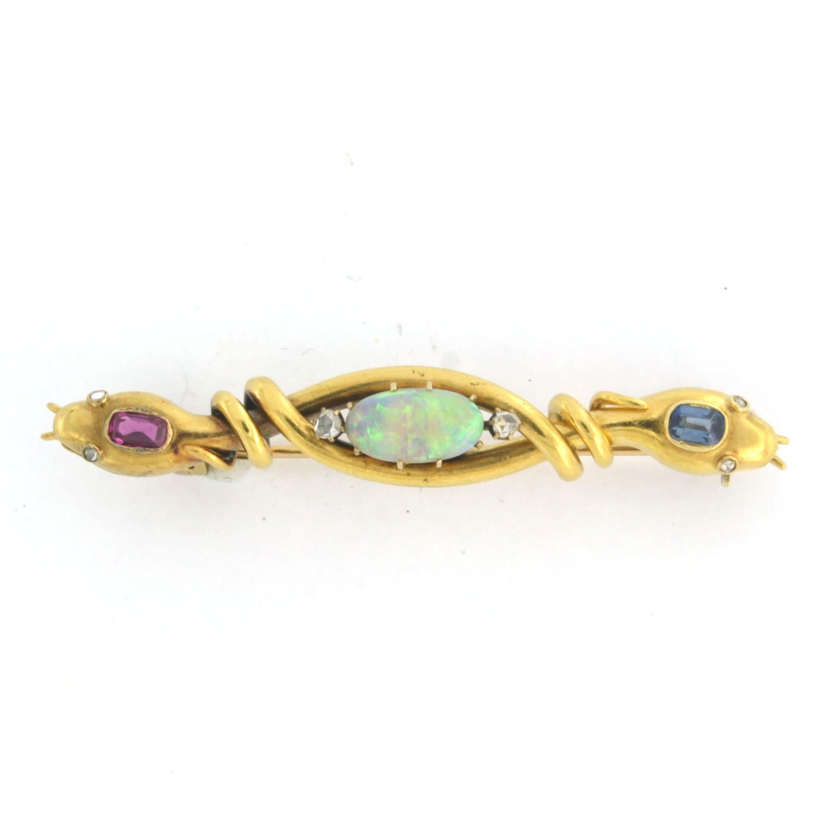 Brooch with Ruby, Sapphire, Opal and diamond 18k yellow gold In Good Condition For Sale In The Hague, ZH