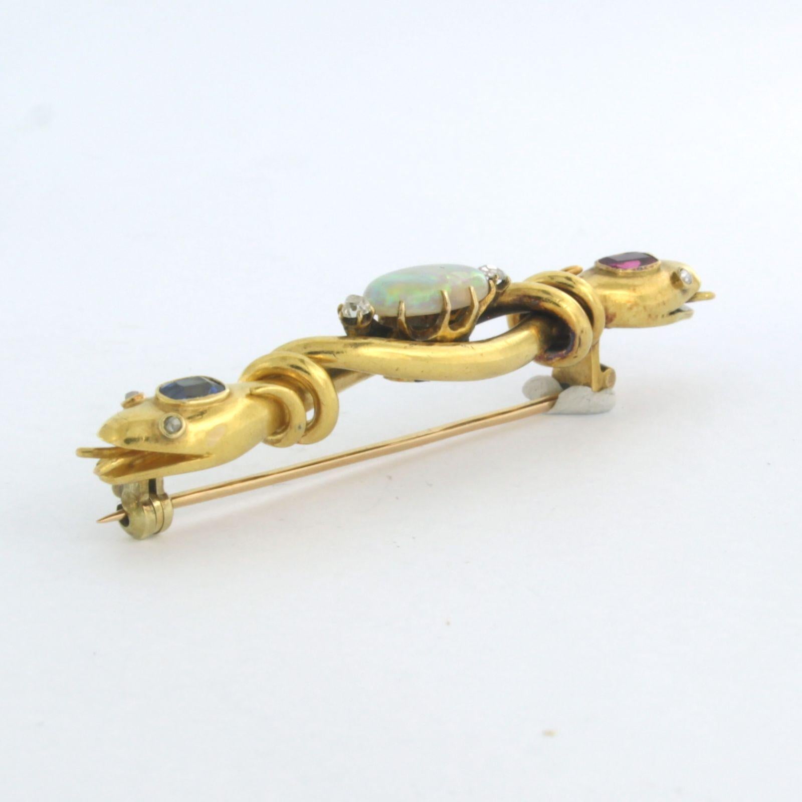 Brooch with Ruby, Sapphire, Opal and diamond 18k yellow gold For Sale 1