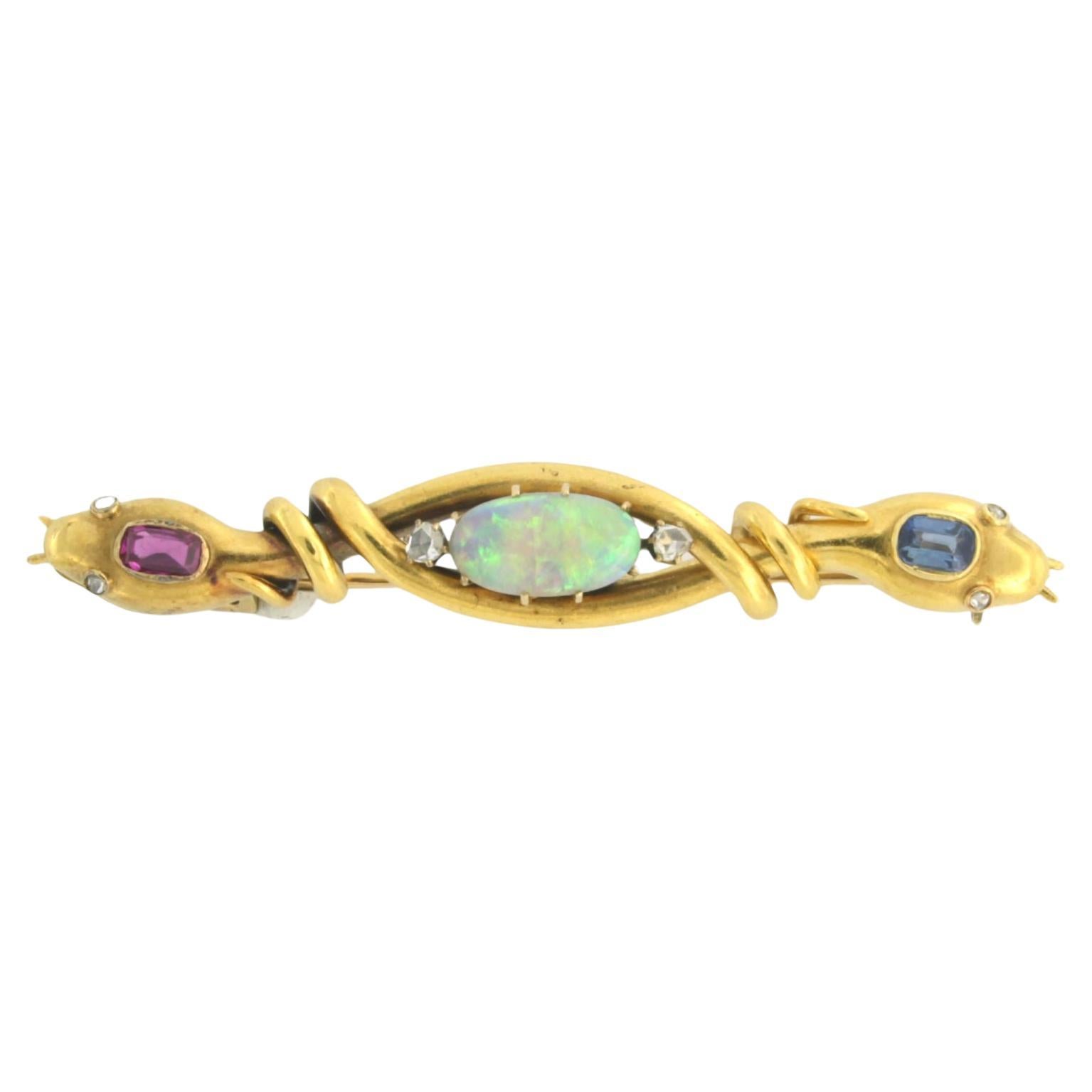 Brooch with Ruby, Sapphire, Opal and diamond 18k yellow gold