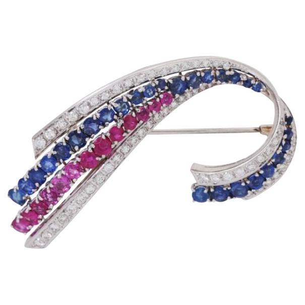 Brooch with Sapphires, Rubies and Diamonds For Sale