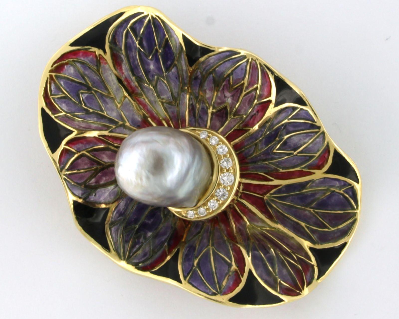 Modern Brooch with Southsea Pearl, window enemal and diamonds 18k yellow gold For Sale