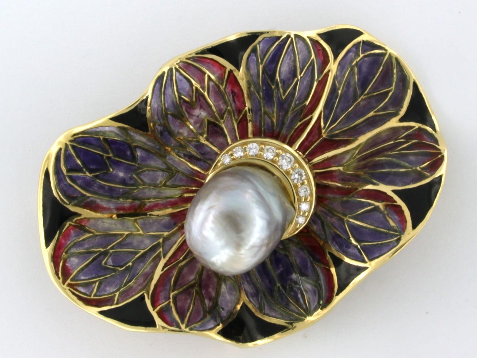 Brilliant Cut Brooch with Southsea Pearl, window enemal and diamonds 18k yellow gold For Sale