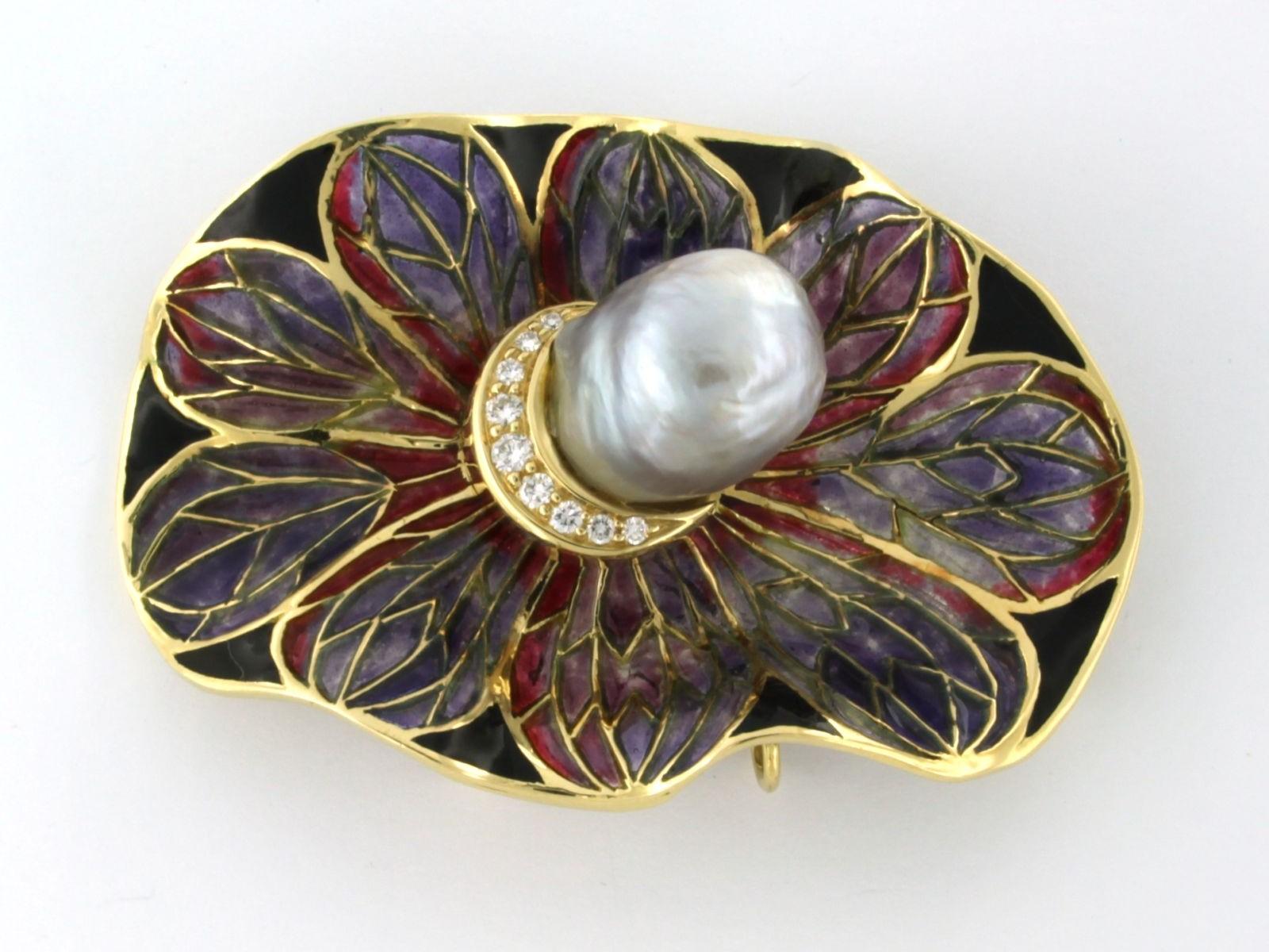 Brooch with Southsea Pearl, window enemal and diamonds 18k yellow gold In Good Condition For Sale In The Hague, ZH
