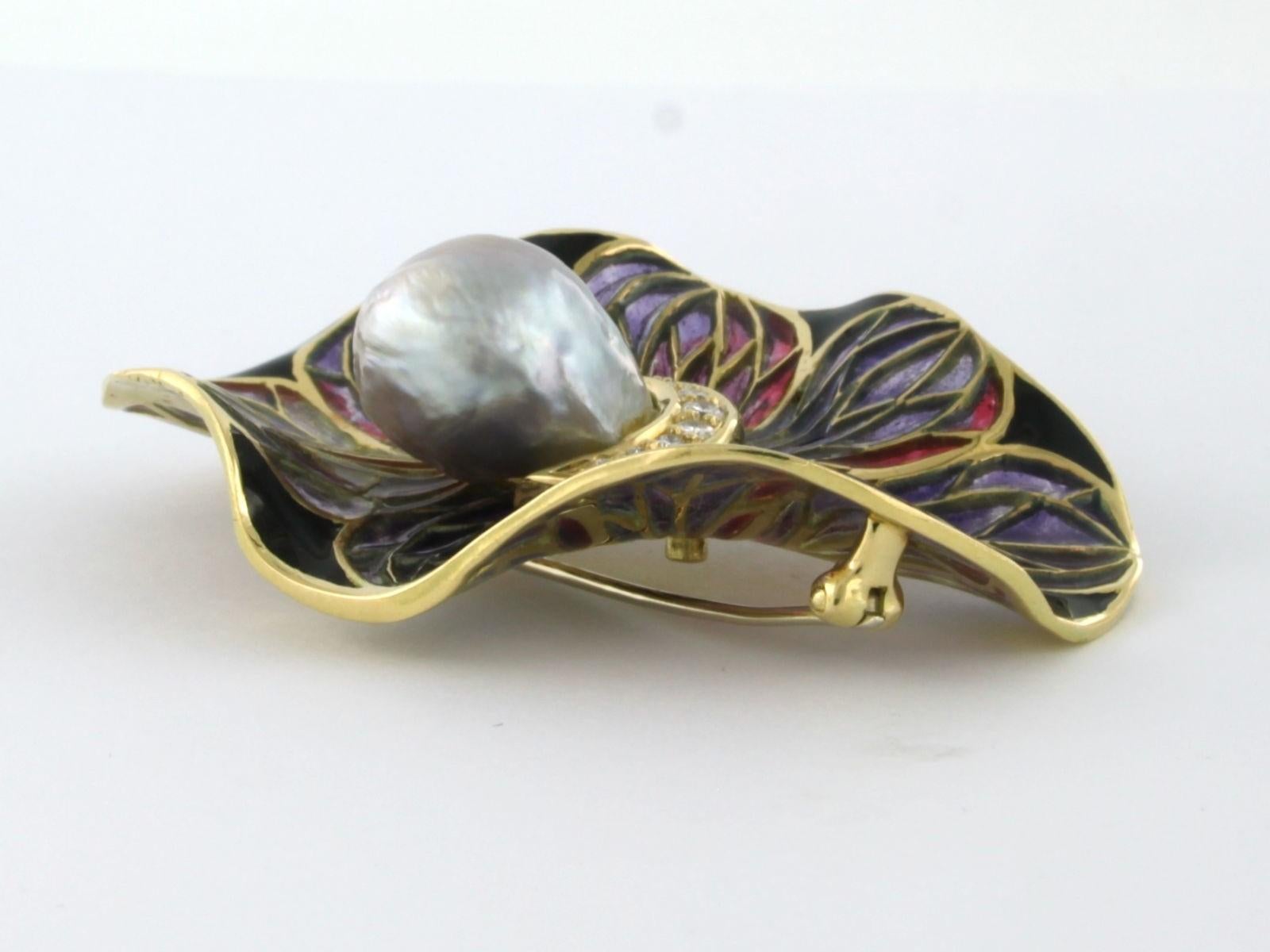 Women's Brooch with Southsea Pearl, window enemal and diamonds 18k yellow gold For Sale