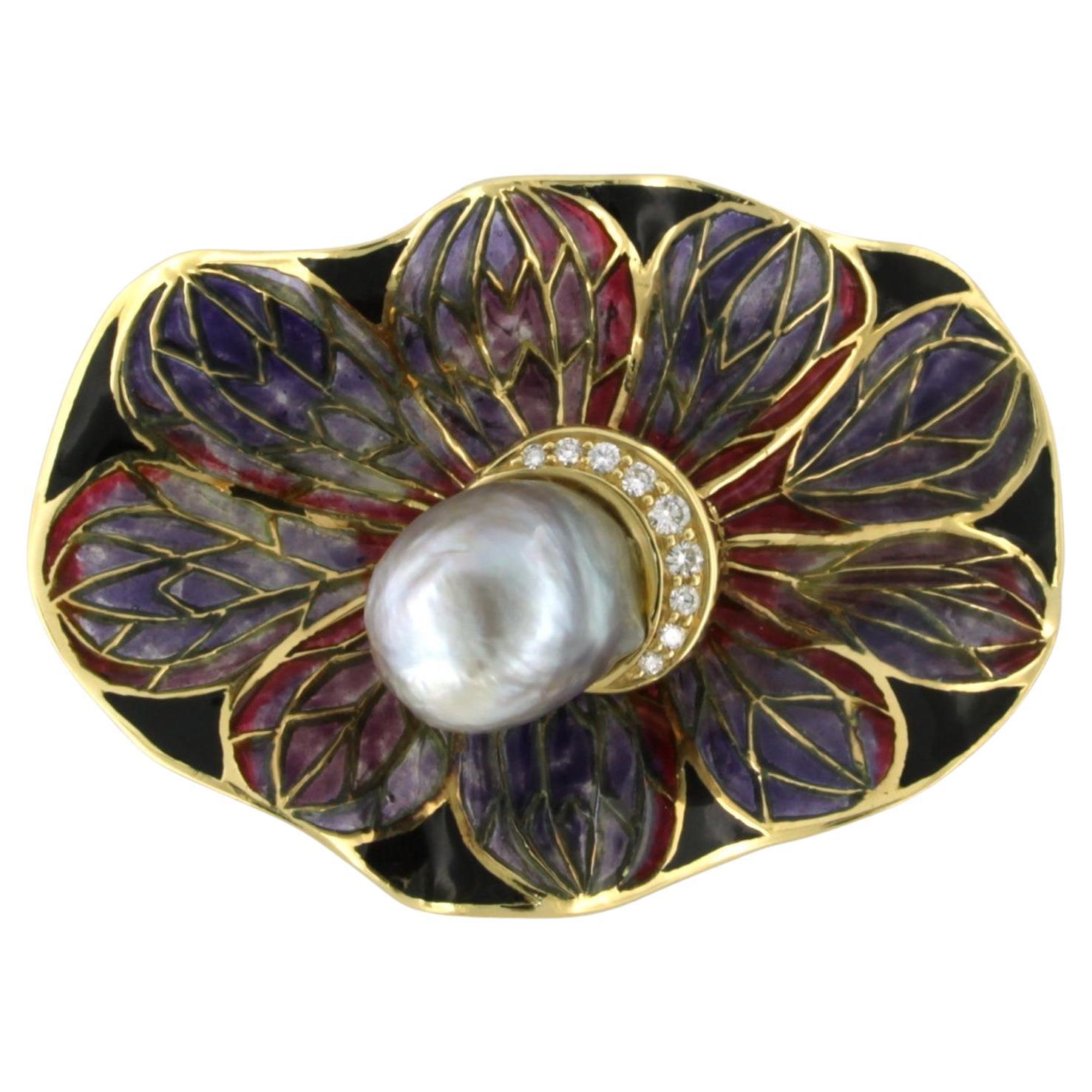 Brooch with Southsea Pearl, window enemal and diamonds 18k yellow gold