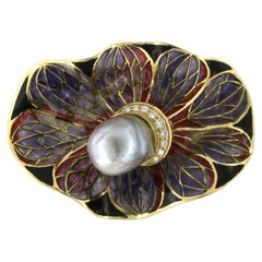 Brooch with Southsea Pearl, window enemal and diamonds 18k yellow gold