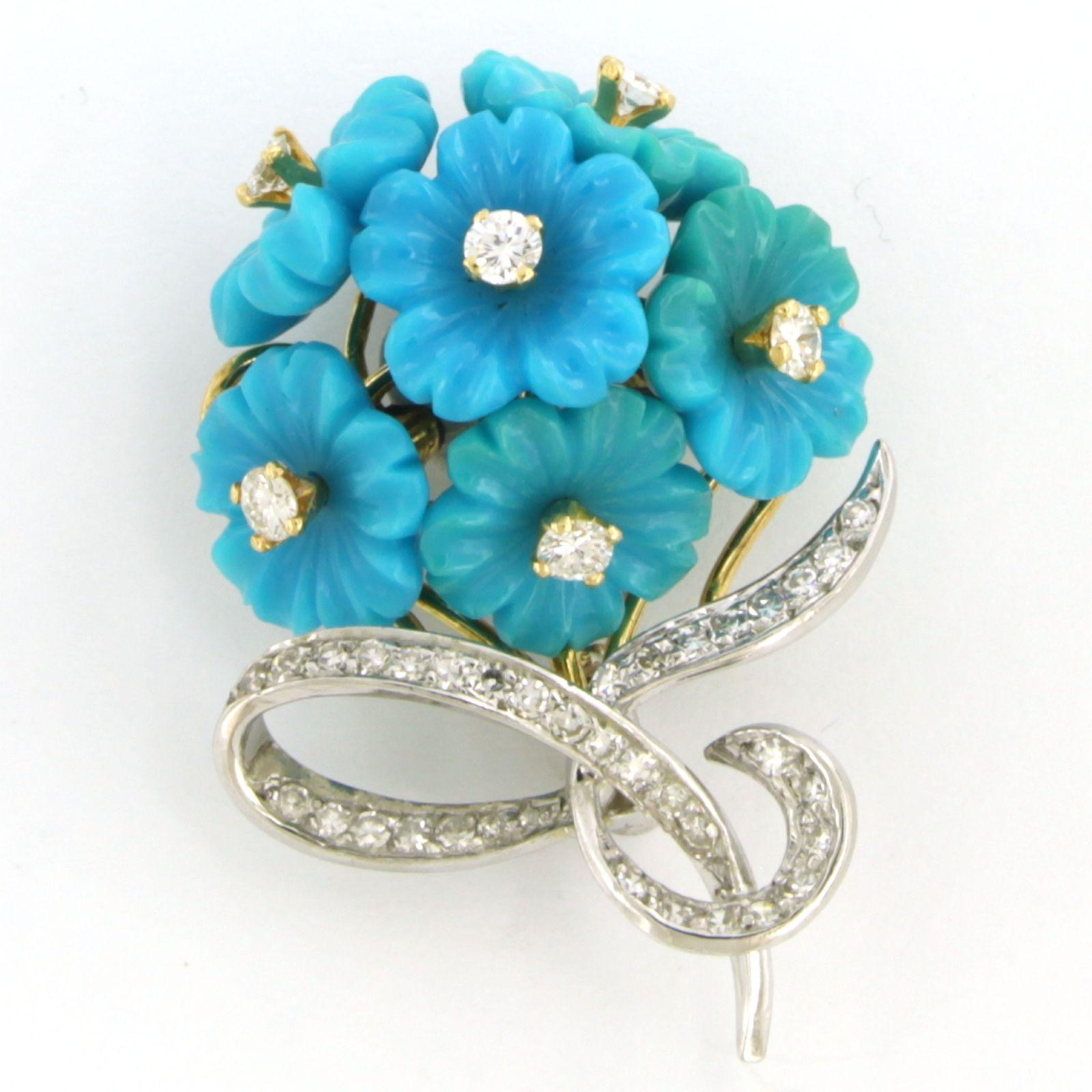 Modern Brooch with turquoise and diamonds 18k yellow gold and platinum For Sale
