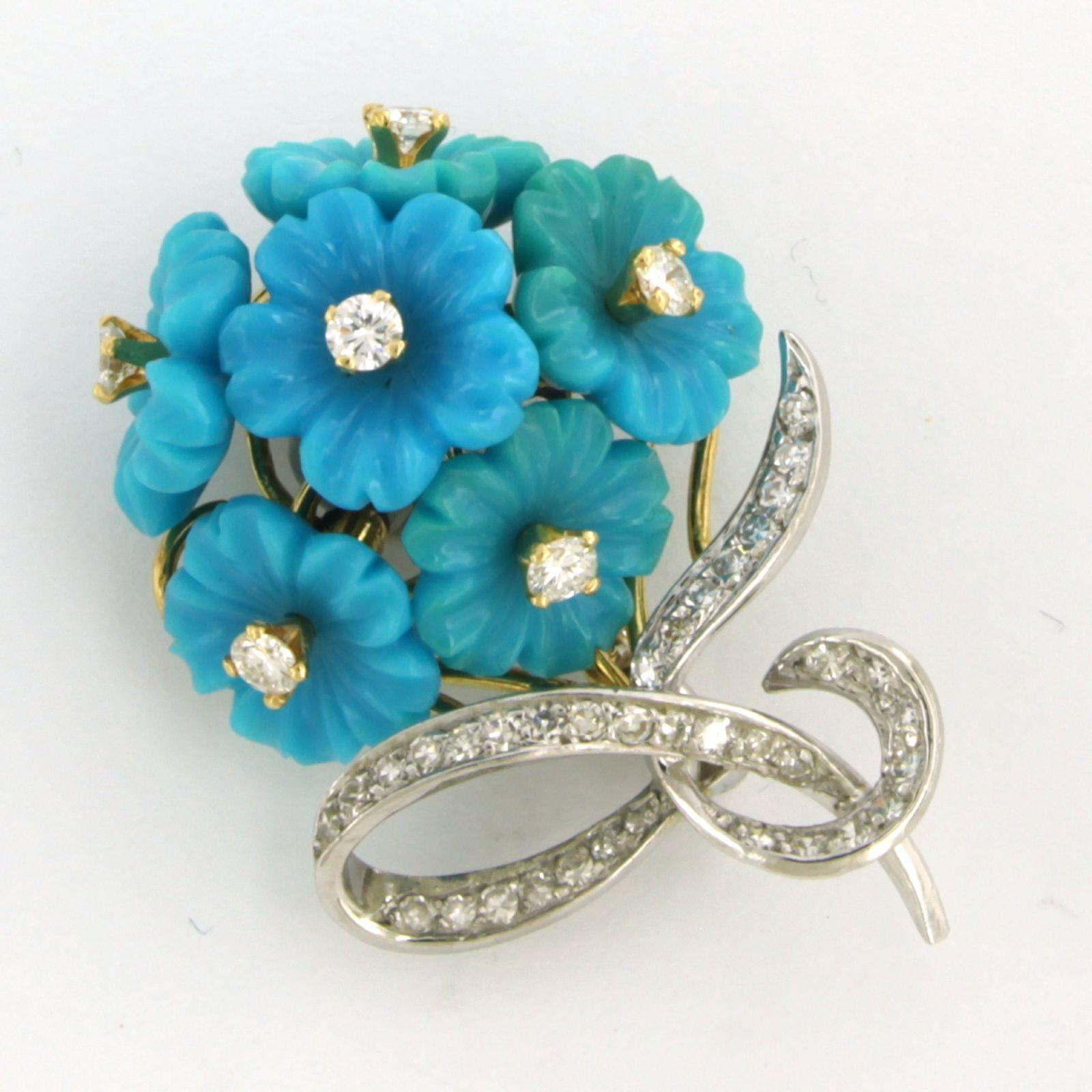 Single Cut Brooch with turquoise and diamonds 18k yellow gold and platinum For Sale