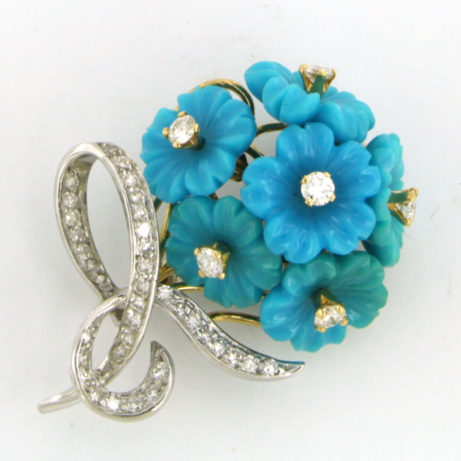 Brooch with turquoise and diamonds 18k yellow gold and platinum In Good Condition For Sale In The Hague, ZH