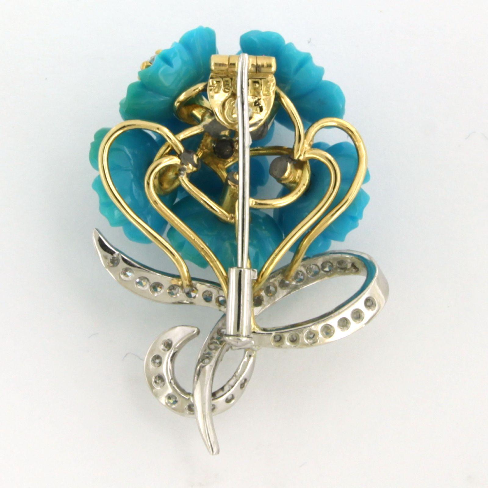 Brooch with turquoise and diamonds 18k yellow gold and platinum For Sale 1