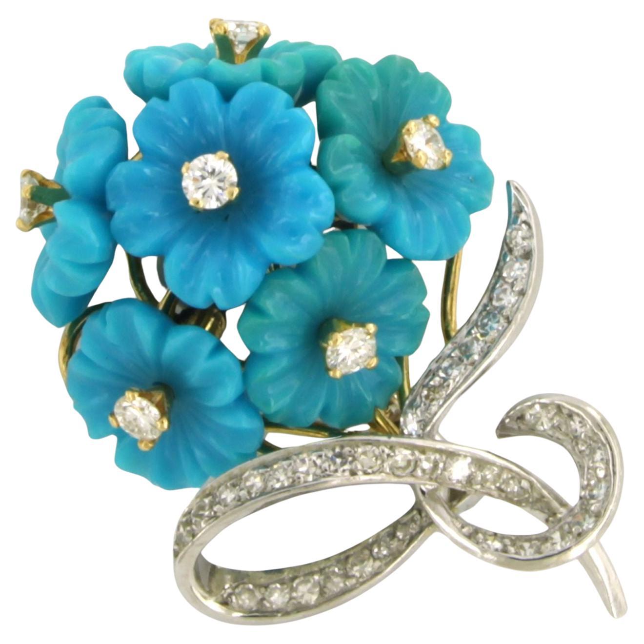 Brooch with turquoise and diamonds 18k yellow gold and platinum For Sale
