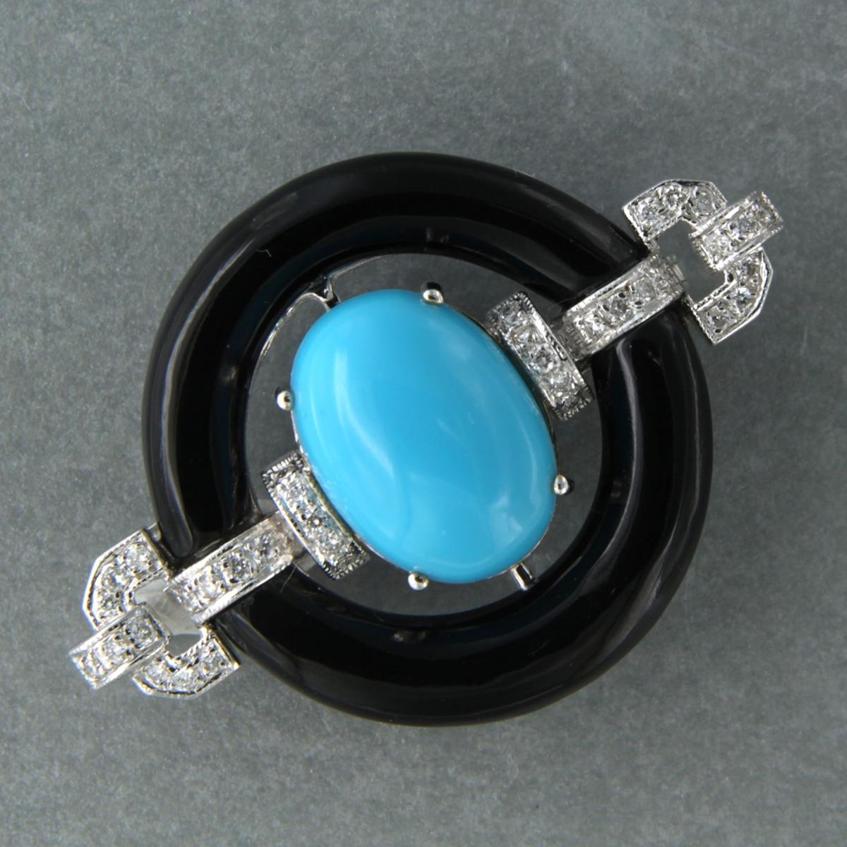 Art Deco Brooch with turquoise, onyx and brilliant cut diamonds up to 0.24ct 14k gold