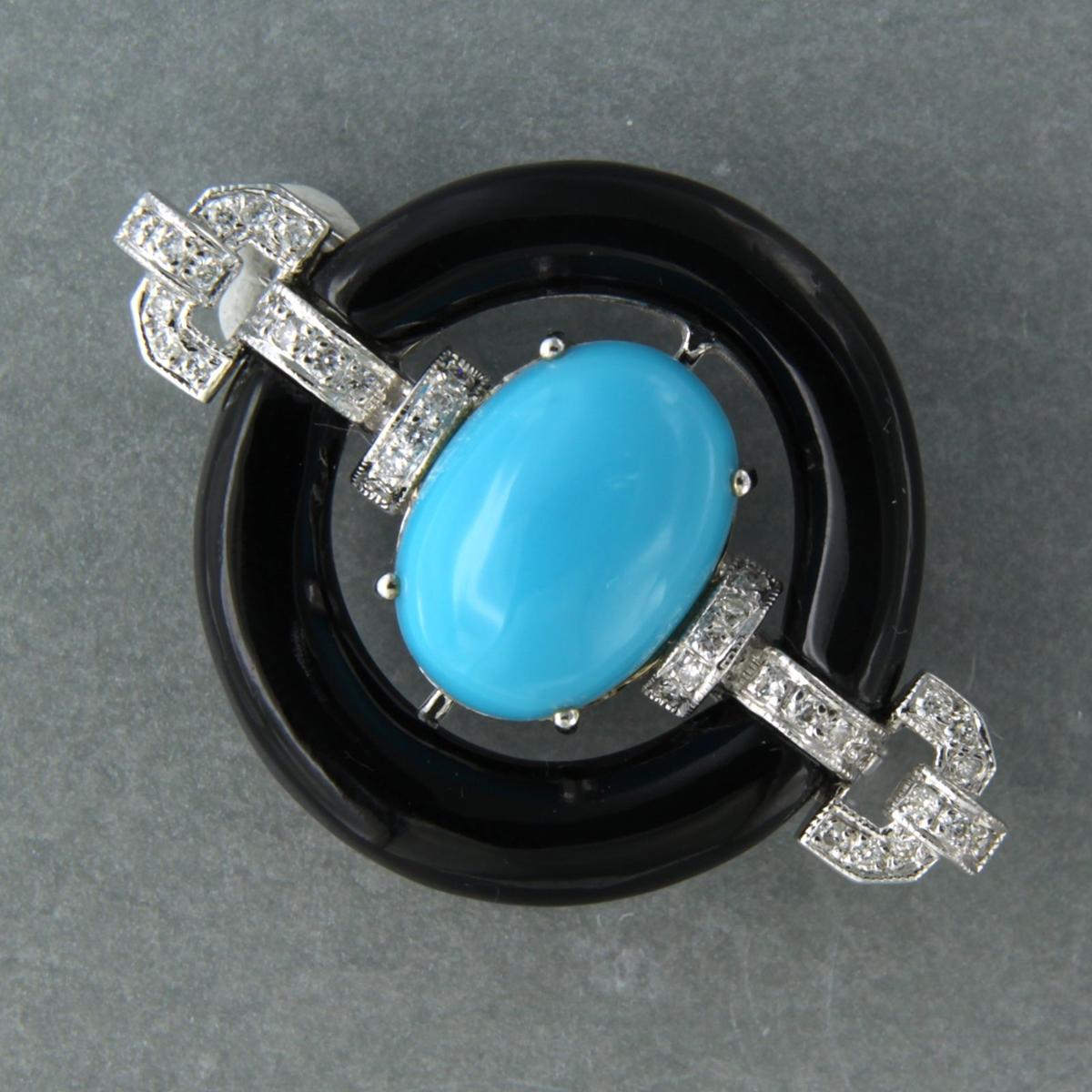 Brilliant Cut Brooch with turquoise, onyx and brilliant cut diamonds up to 0.24ct 14k gold