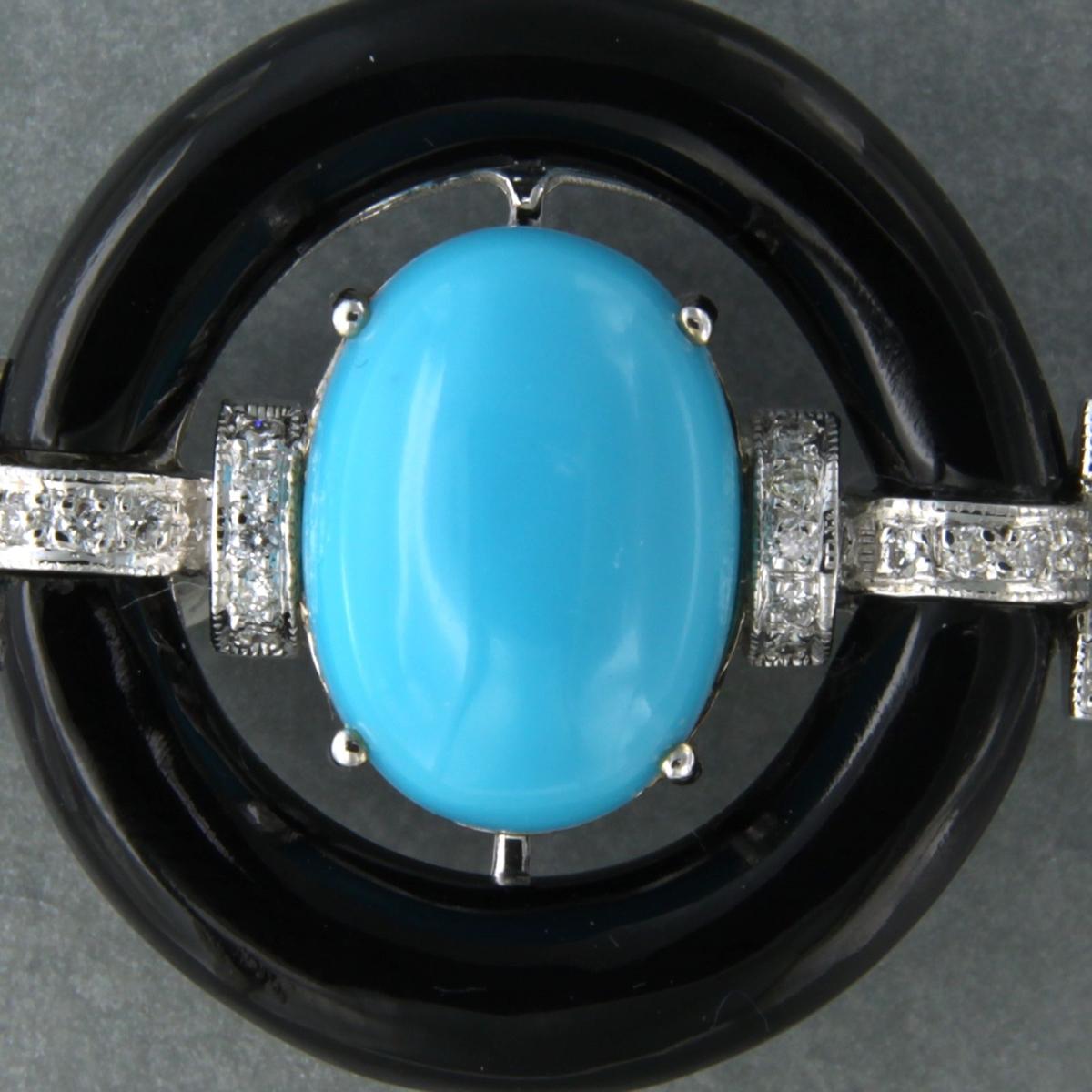 Brooch with turquoise, onyx and brilliant cut diamonds up to 0.24ct 14k gold In New Condition In The Hague, ZH
