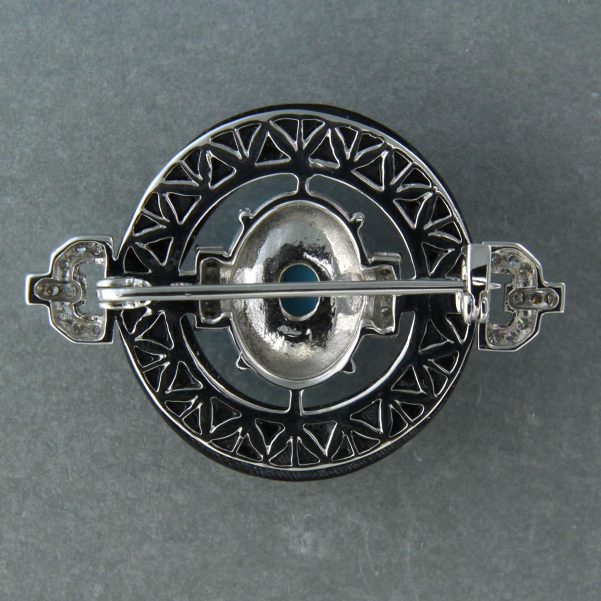 Women's Brooch with turquoise, onyx and brilliant cut diamonds up to 0.24ct 14k gold