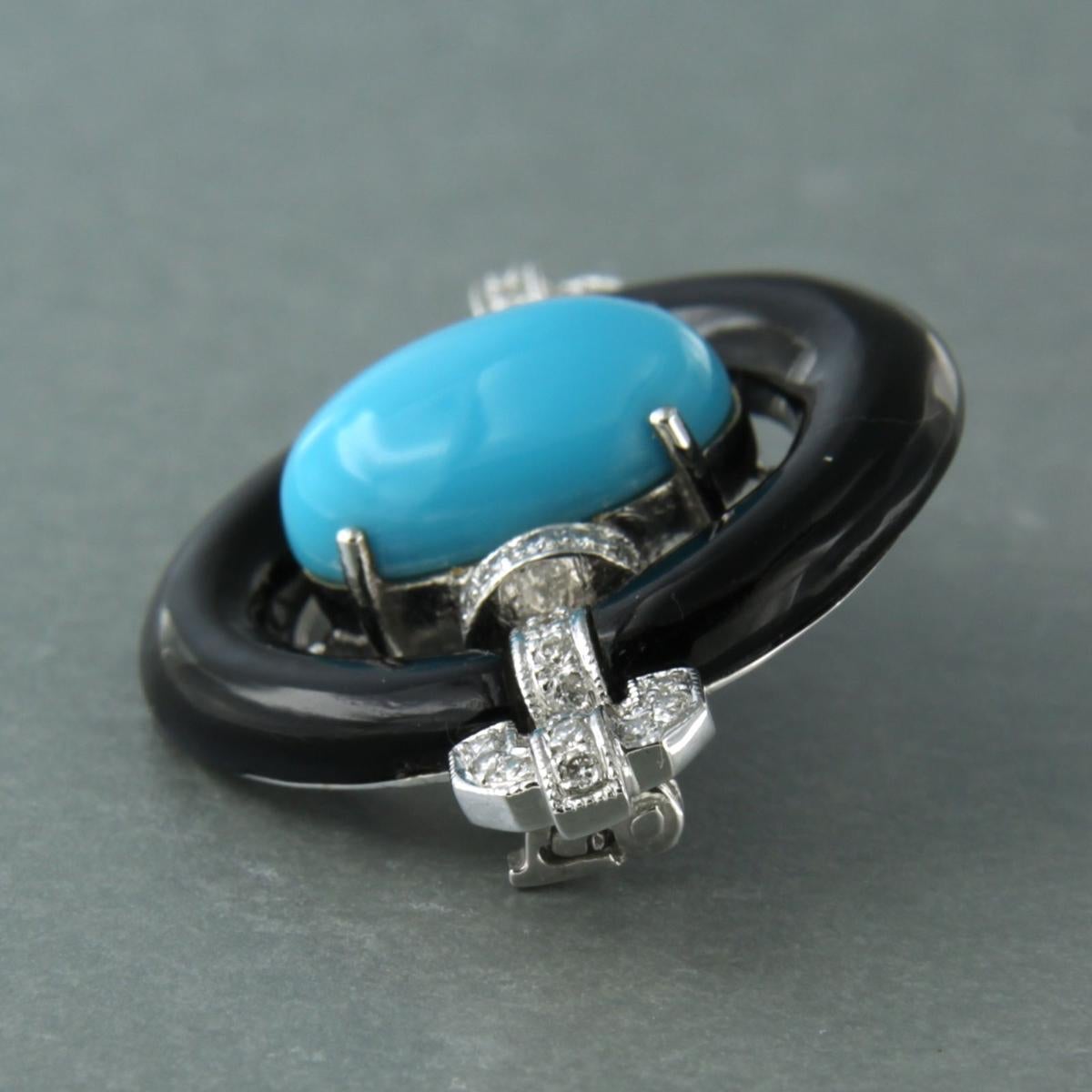 Brooch with turquoise, onyx and brilliant cut diamonds up to 0.24ct 14k gold 1