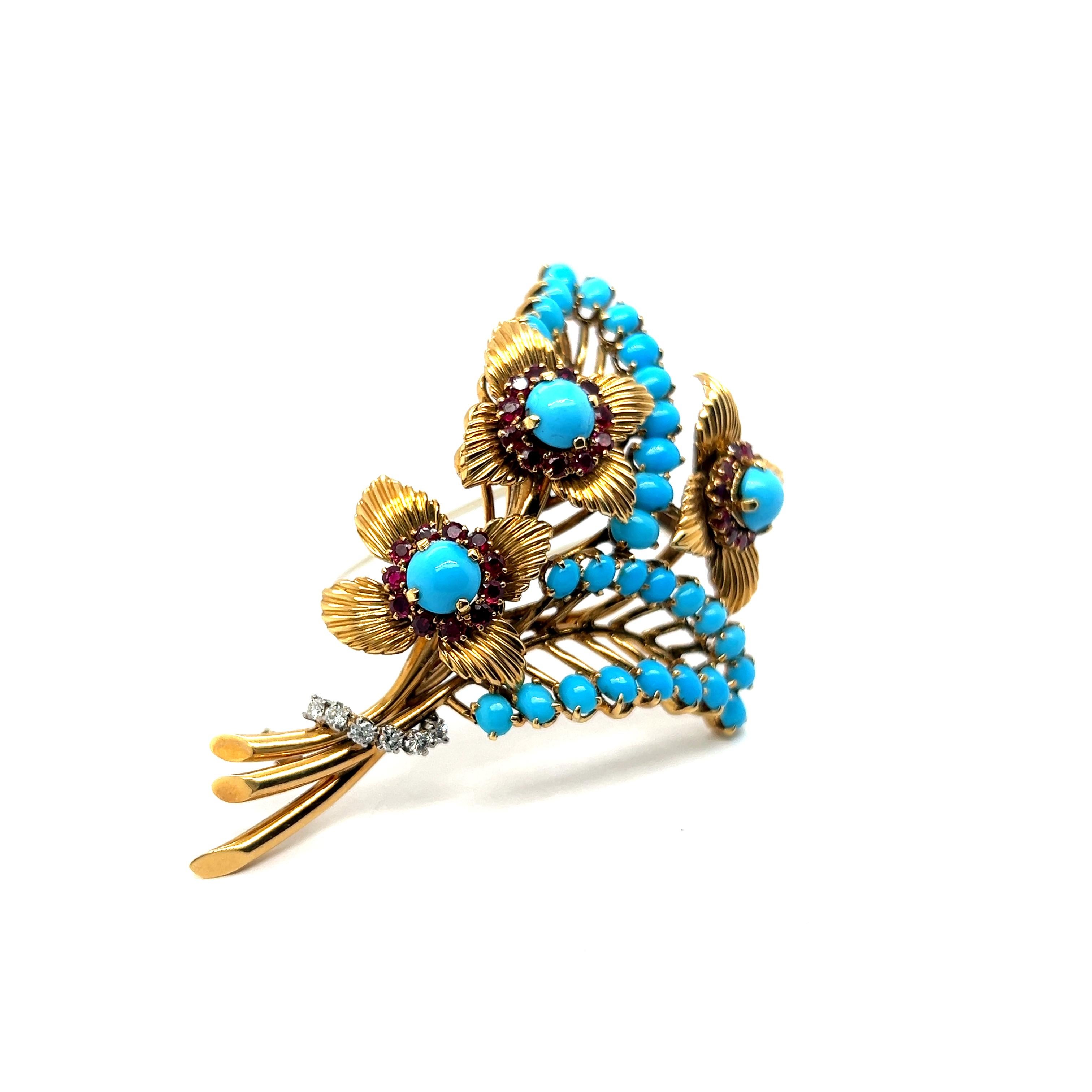 Brooch with Turquoise, Rubies & Diamonds in 18 Karat Yellow Gold by Gübelin For Sale 4