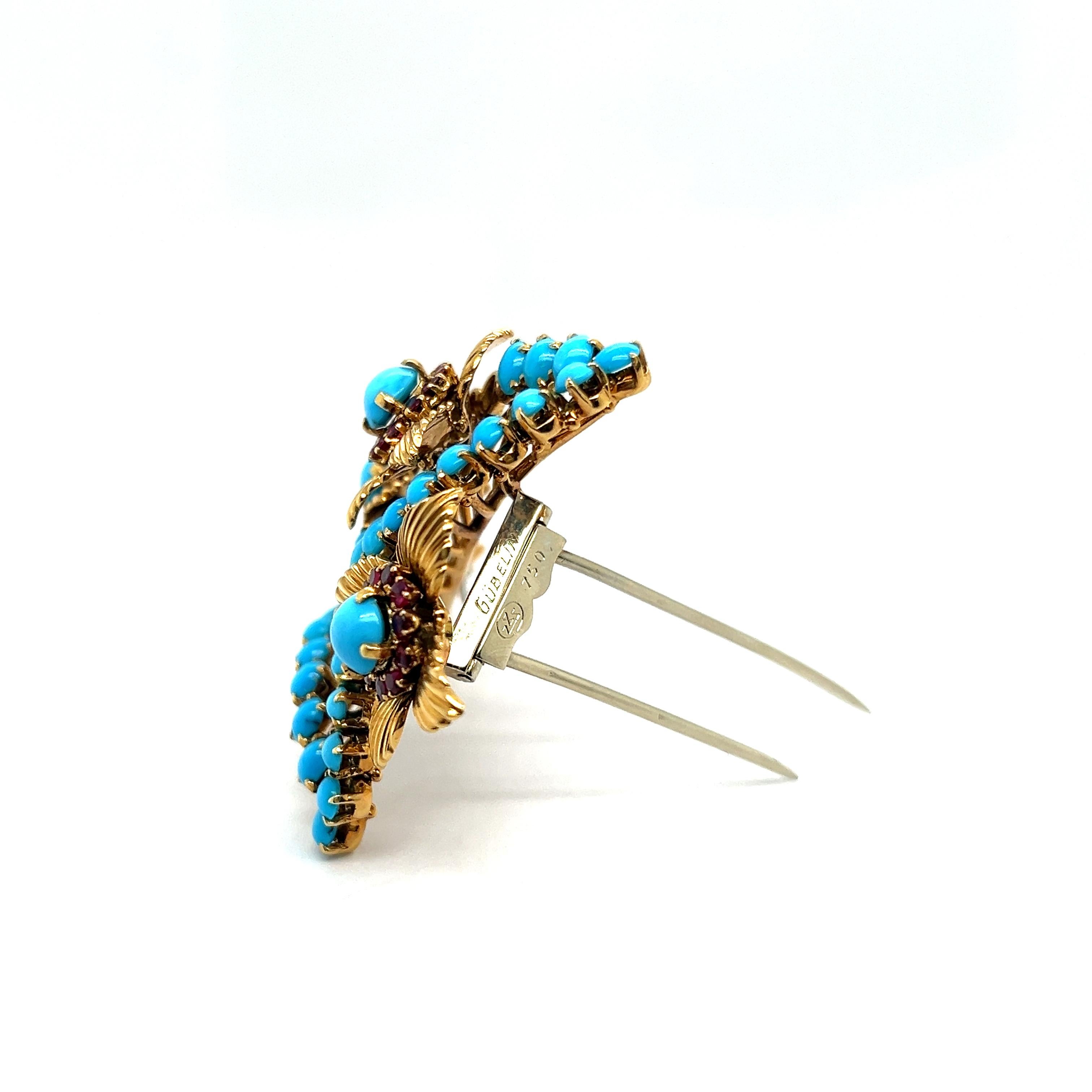 Brooch with Turquoise, Rubies & Diamonds in 18 Karat Yellow Gold by Gübelin For Sale 5
