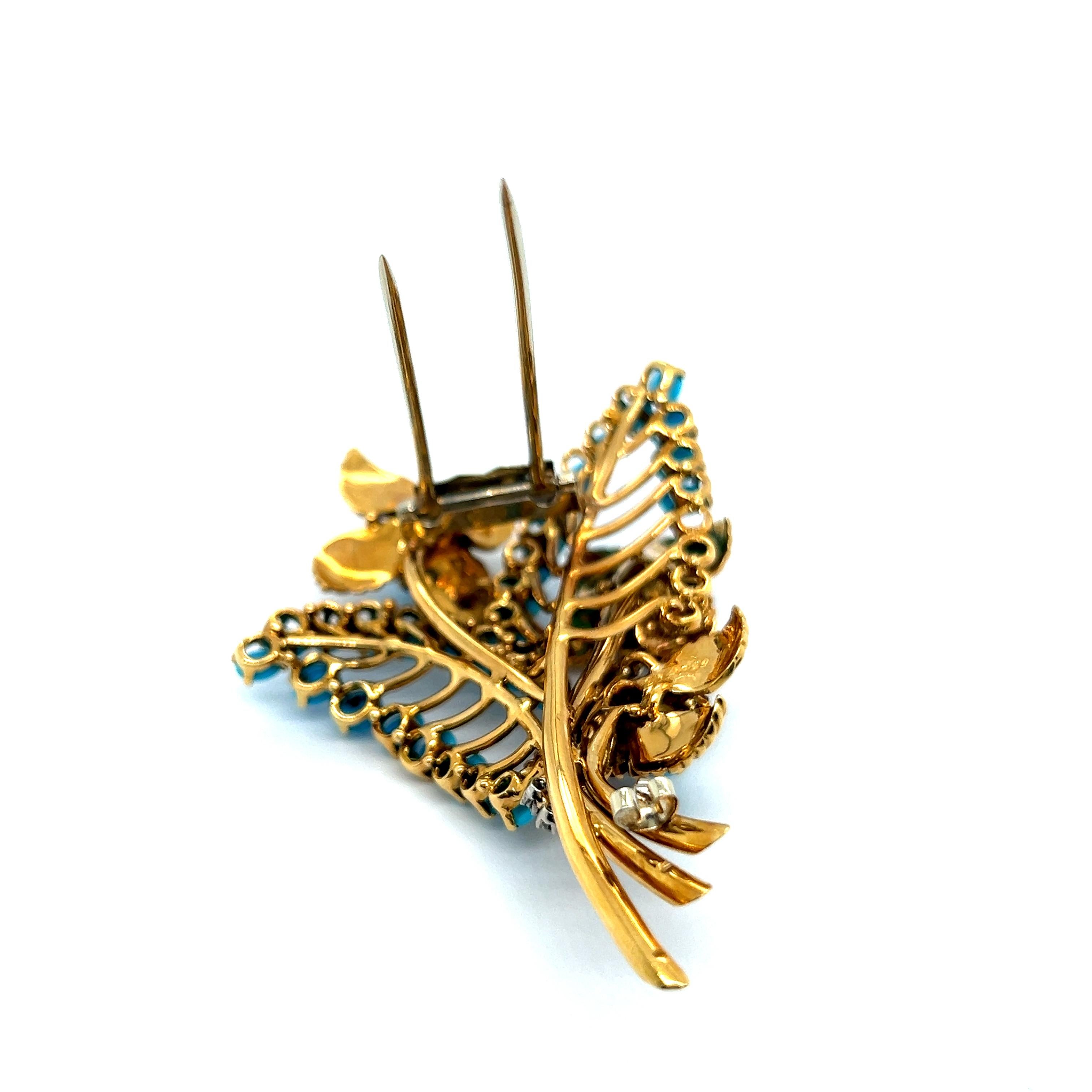 Brooch with Turquoise, Rubies & Diamonds in 18 Karat Yellow Gold by Gübelin For Sale 6