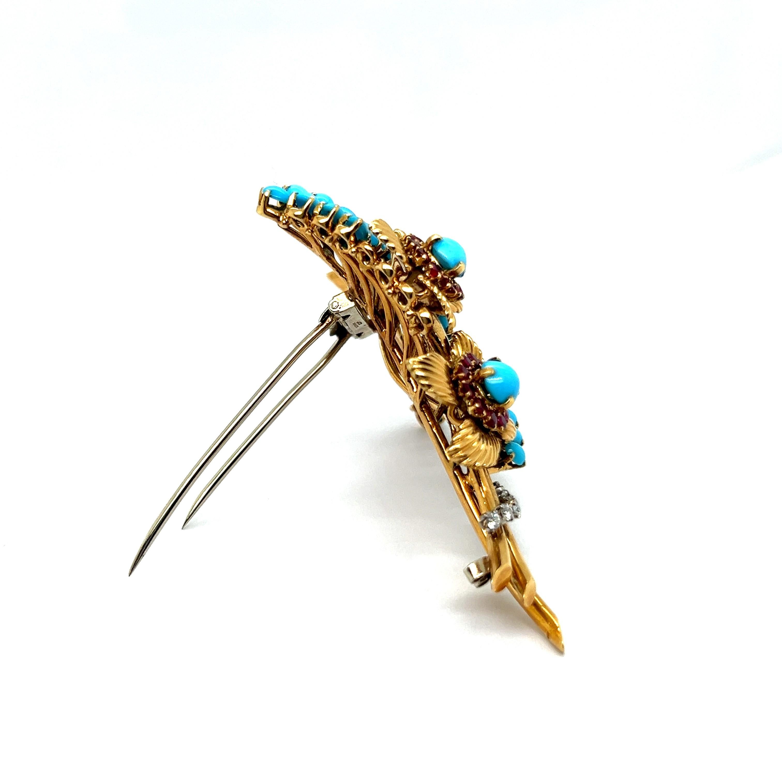 Brooch with Turquoise, Rubies & Diamonds in 18 Karat Yellow Gold by Gübelin For Sale 7