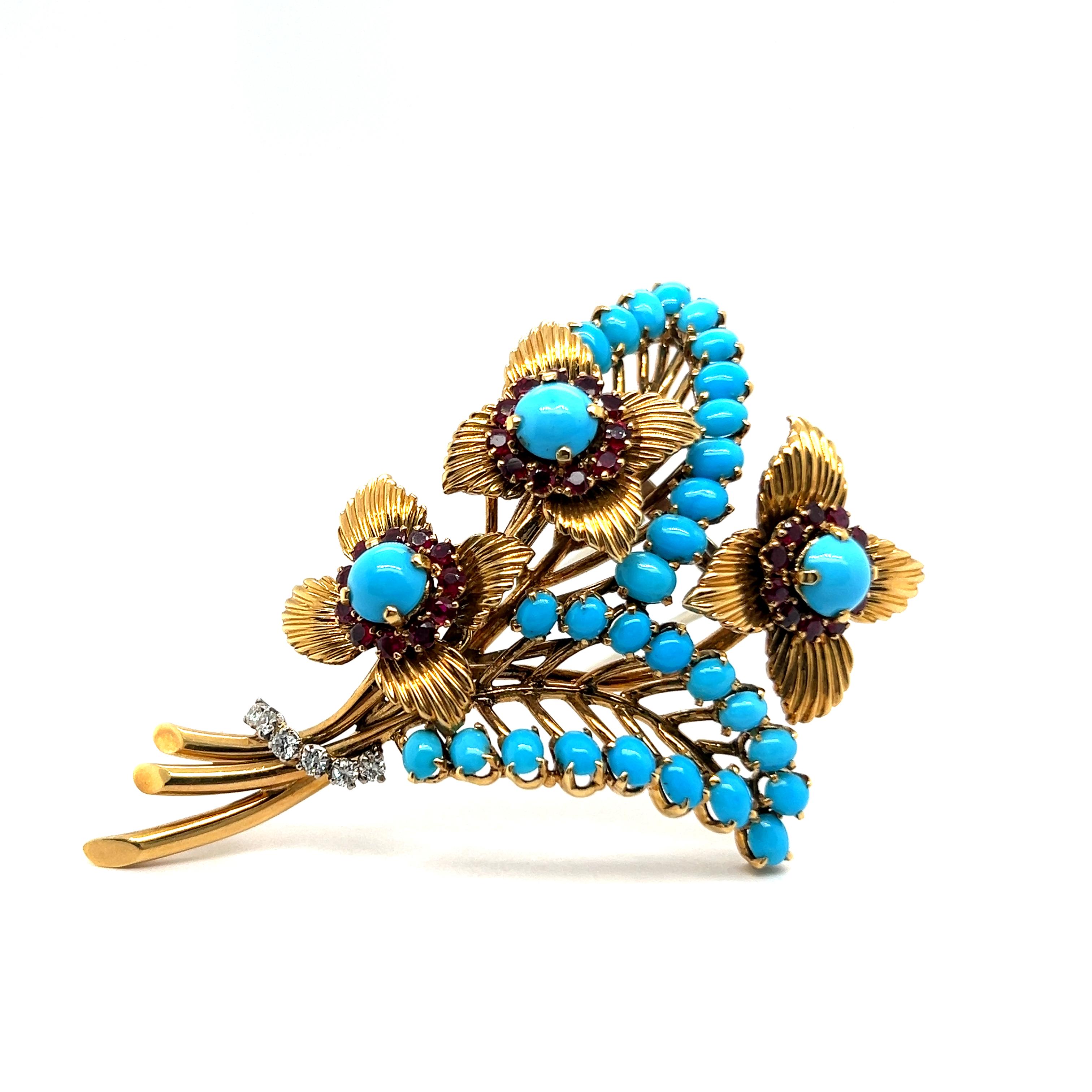 Brooch with Turquoise, Rubies & Diamonds in 18 Karat Yellow Gold by Gübelin For Sale 8