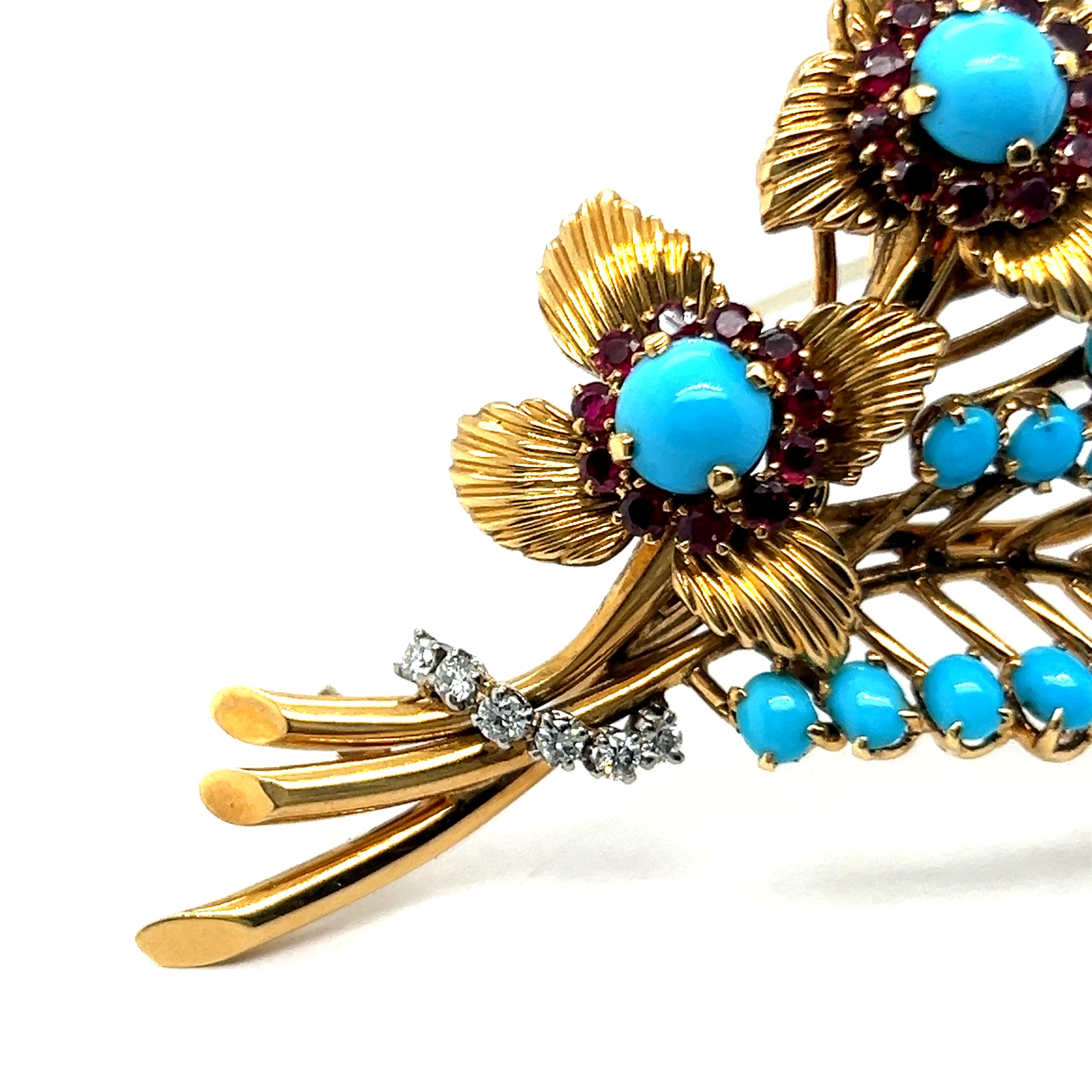 Brooch with Turquoise, Rubies & Diamonds in 18 Karat Yellow Gold by Gübelin For Sale 9
