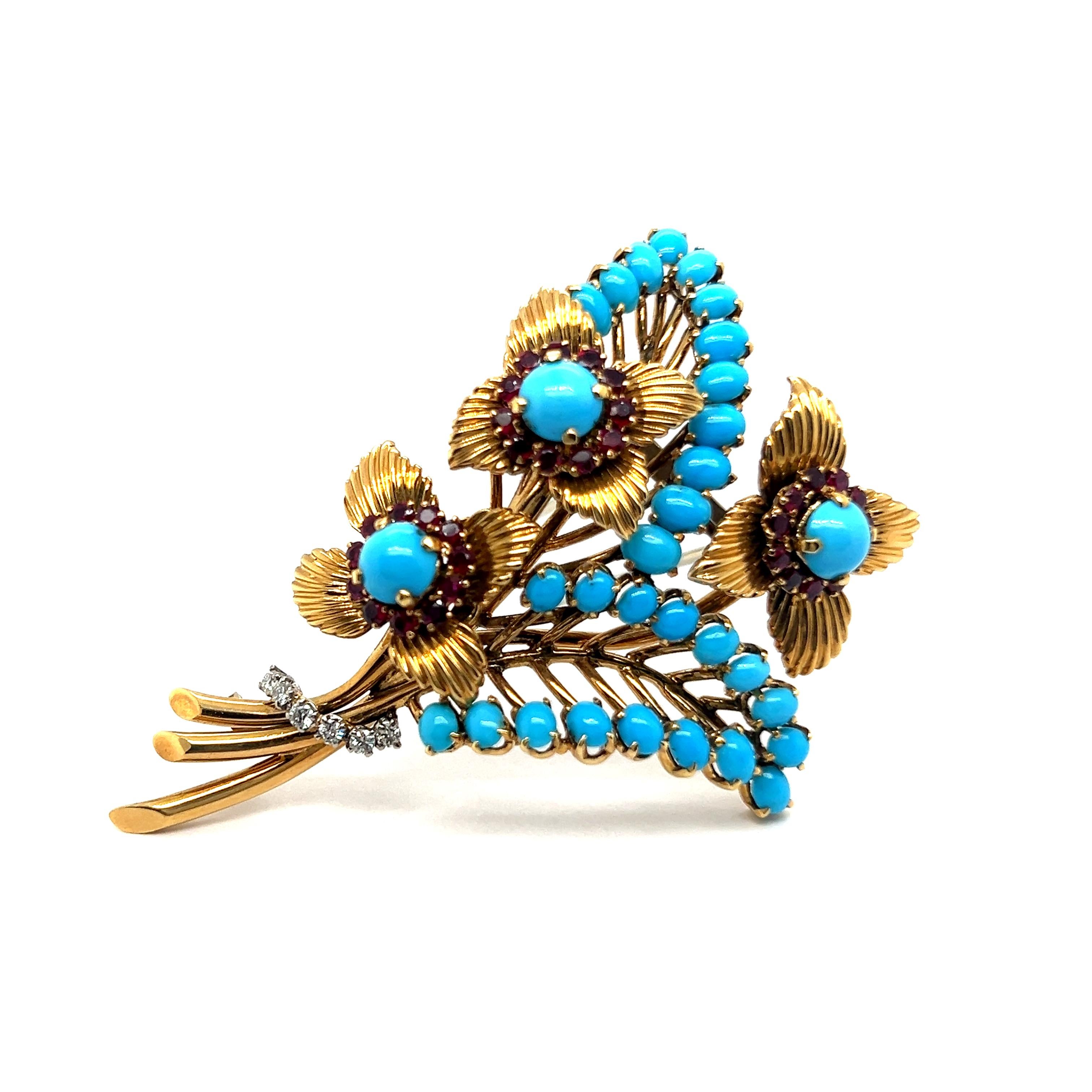 Brooch with Turquoise, Rubies & Diamonds in 18 Karat Yellow Gold by Gübelin For Sale 10