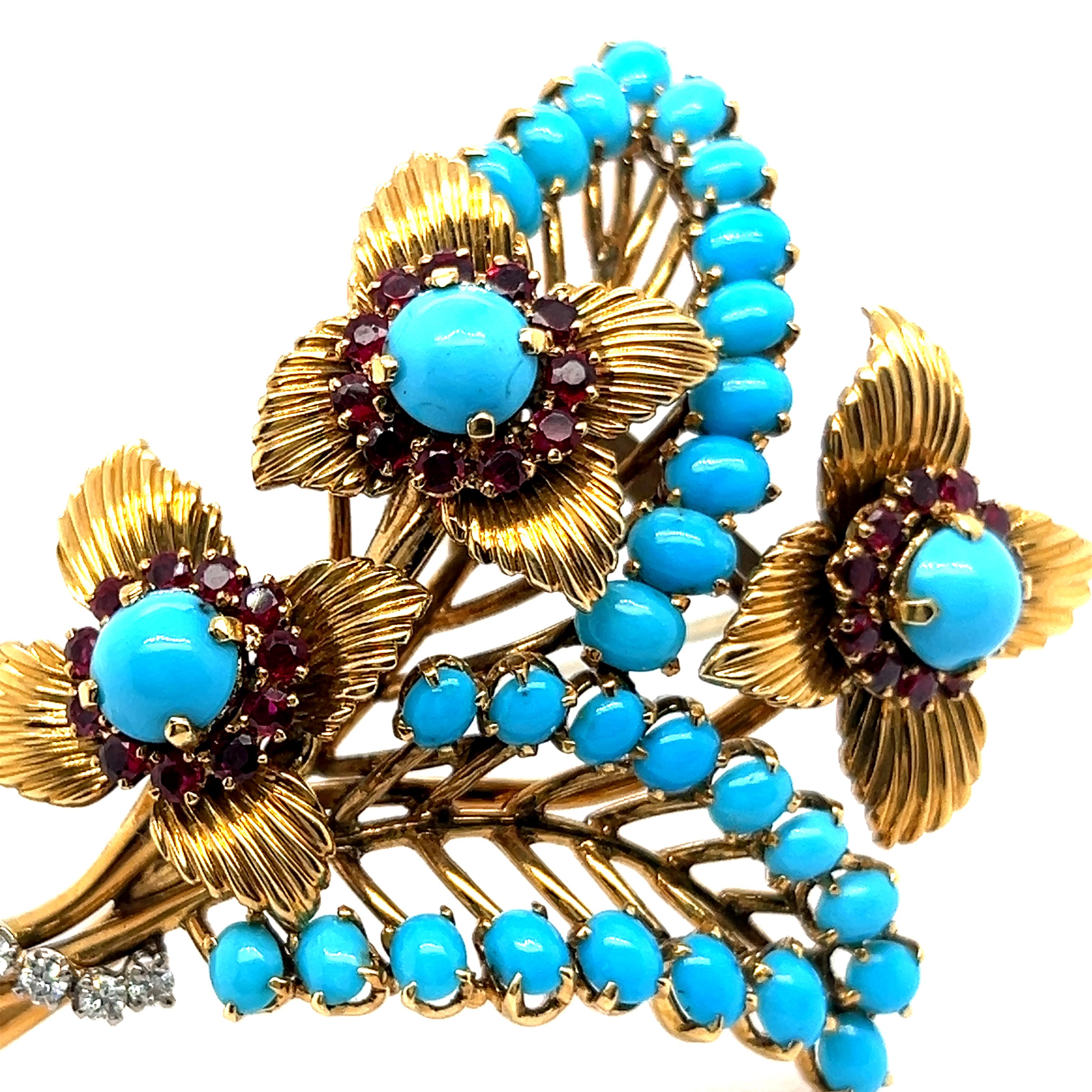 Brooch with Turquoise, Rubies & Diamonds in 18 Karat Yellow Gold by Gübelin For Sale 11