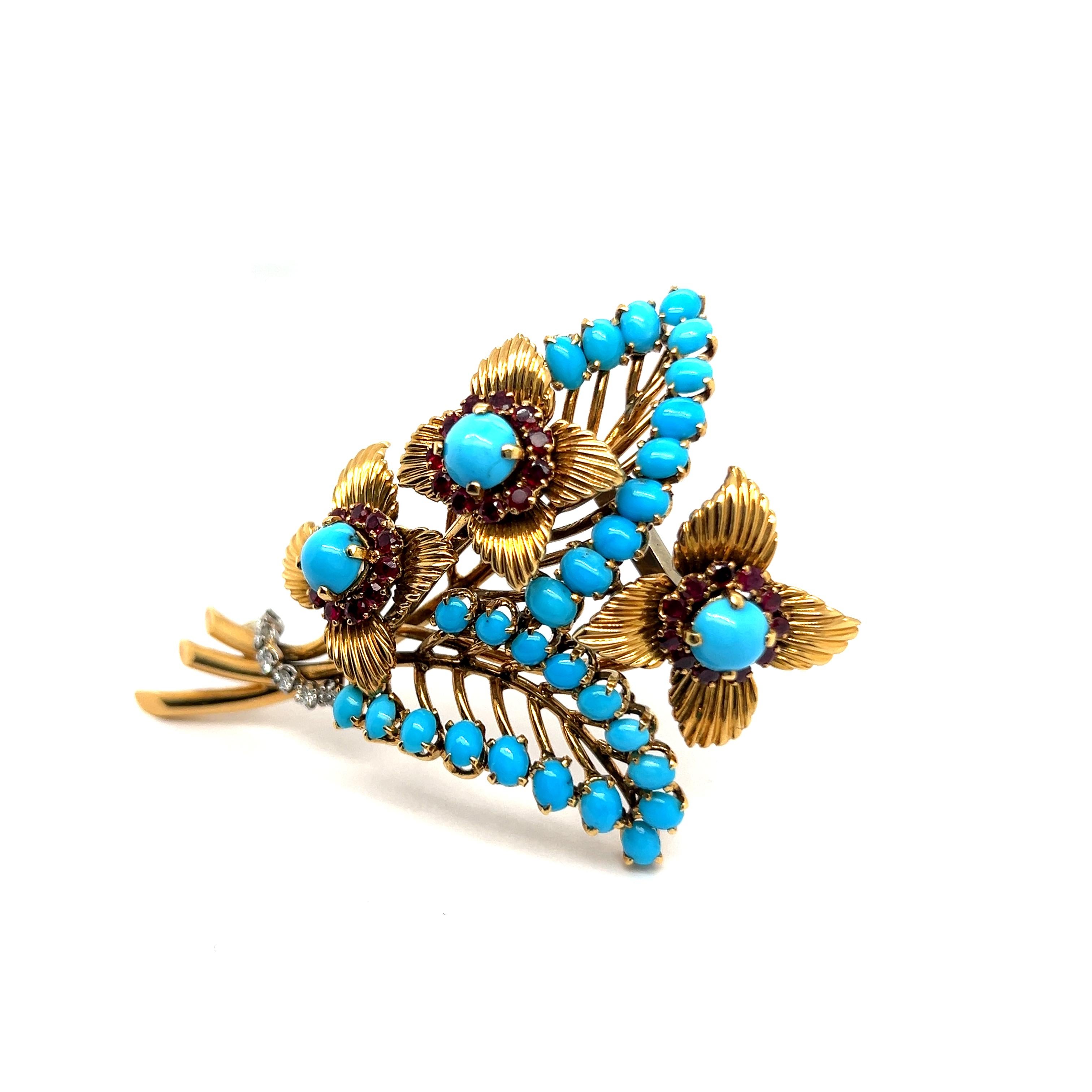 Introducing a captivating piece from Gübelin jewelers, a mid-20th-century brooch exuding timeless charm. Crafted with precision, its delicate bouquet design features three blossoms cradling a heart of turquoise, highlighted by a graceful arrangement