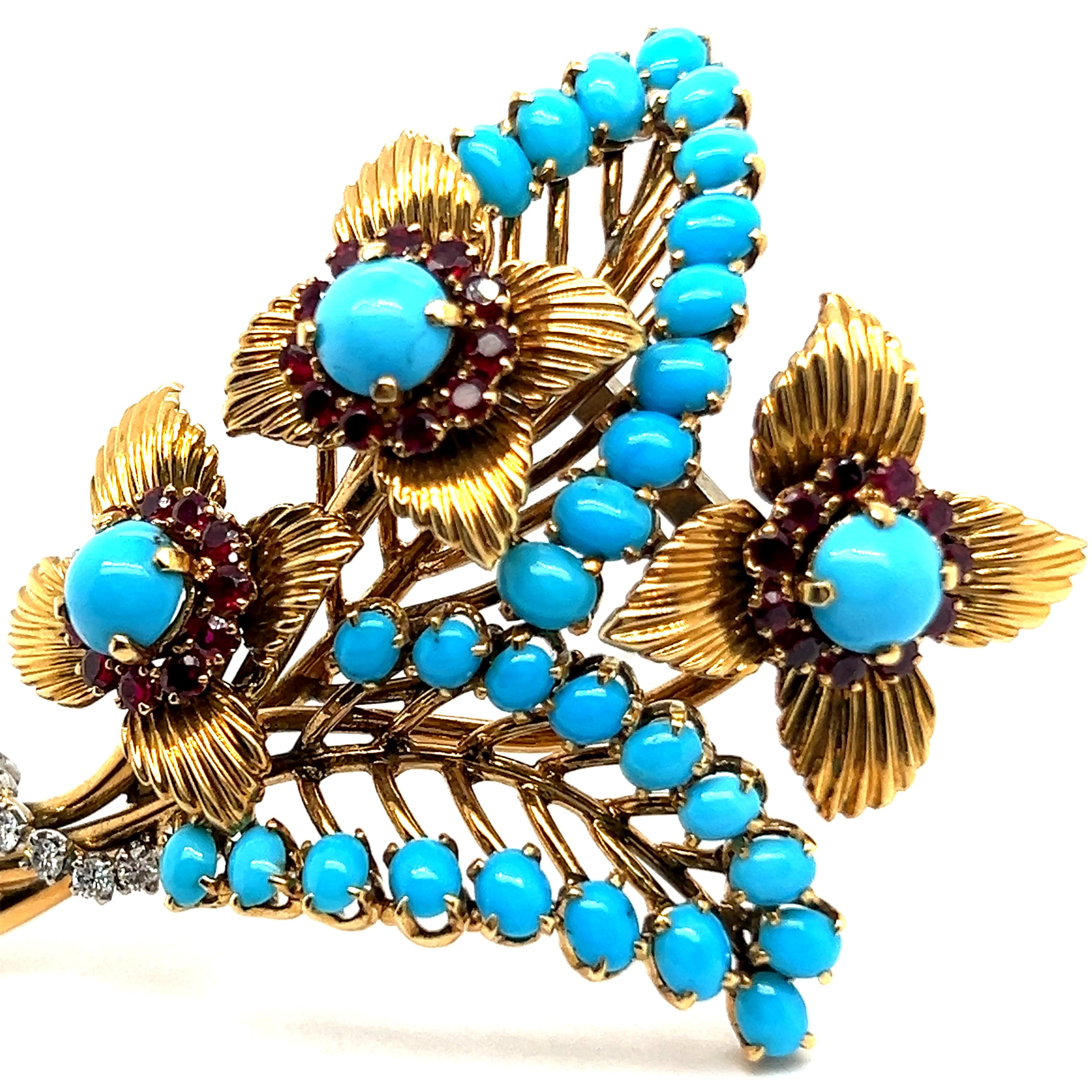 Artist Brooch with Turquoise, Rubies & Diamonds in 18 Karat Yellow Gold by Gübelin For Sale