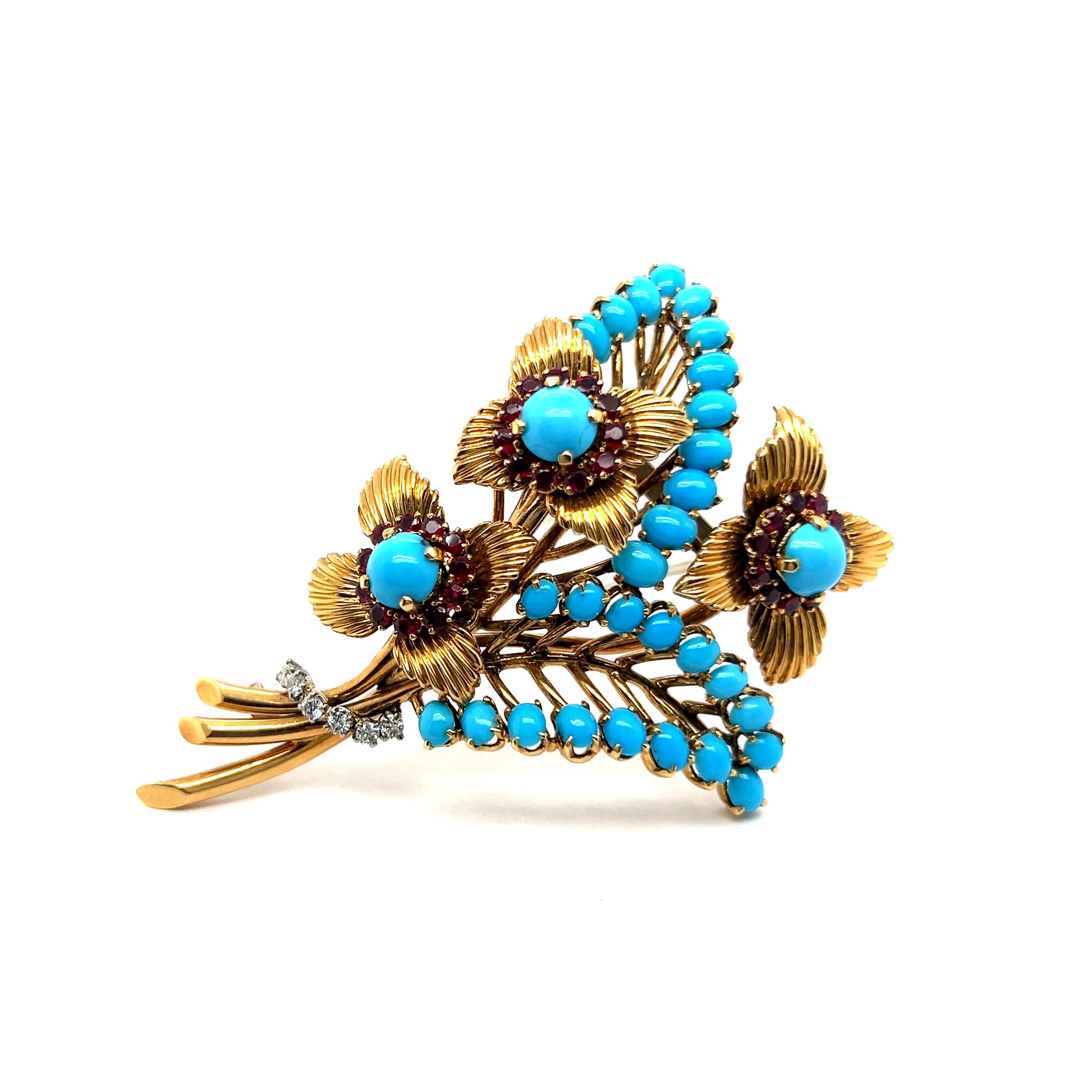 Brooch with Turquoise, Rubies & Diamonds in 18 Karat Yellow Gold by Gübelin In Good Condition For Sale In Lucerne, CH
