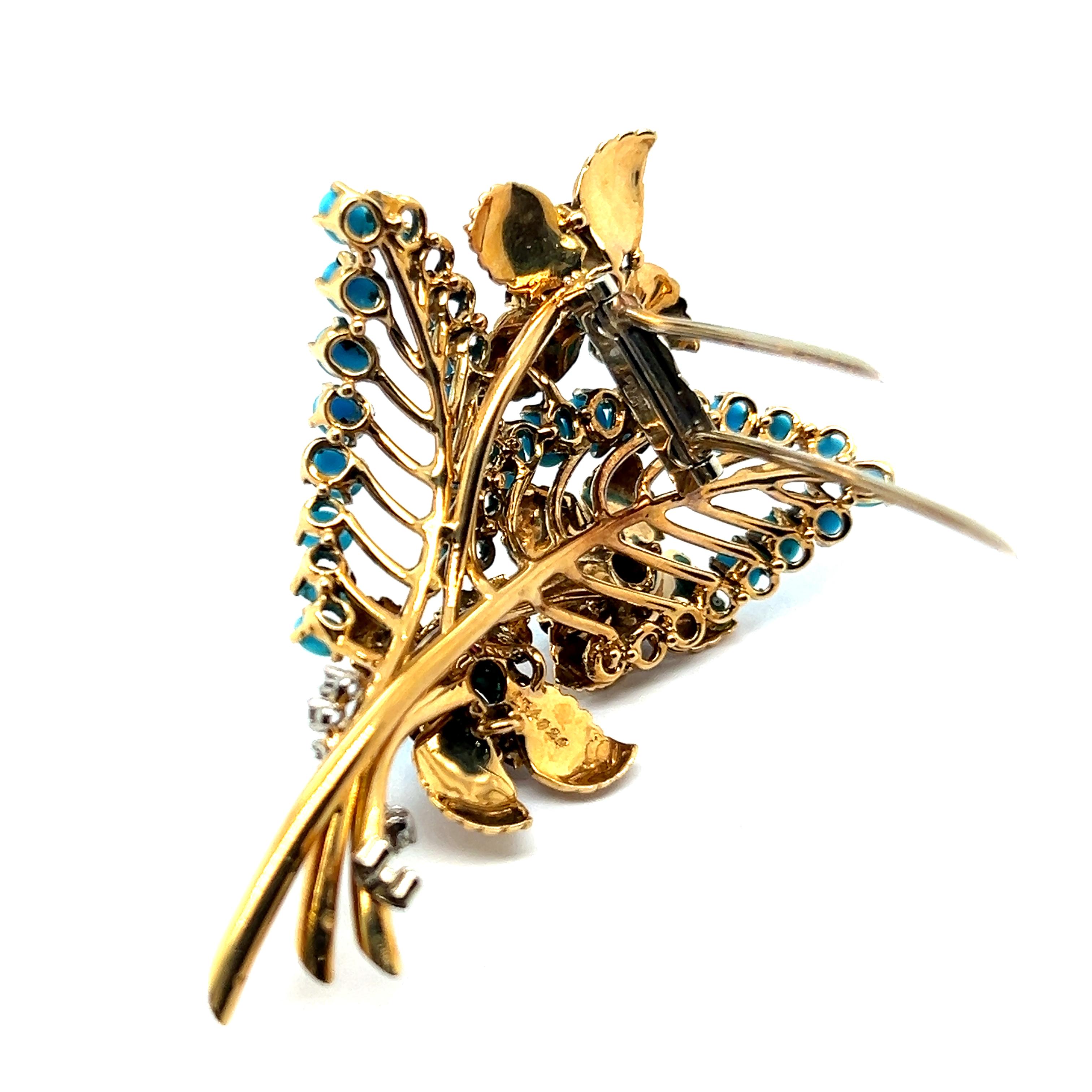 Women's or Men's Brooch with Turquoise, Rubies & Diamonds in 18 Karat Yellow Gold by Gübelin For Sale