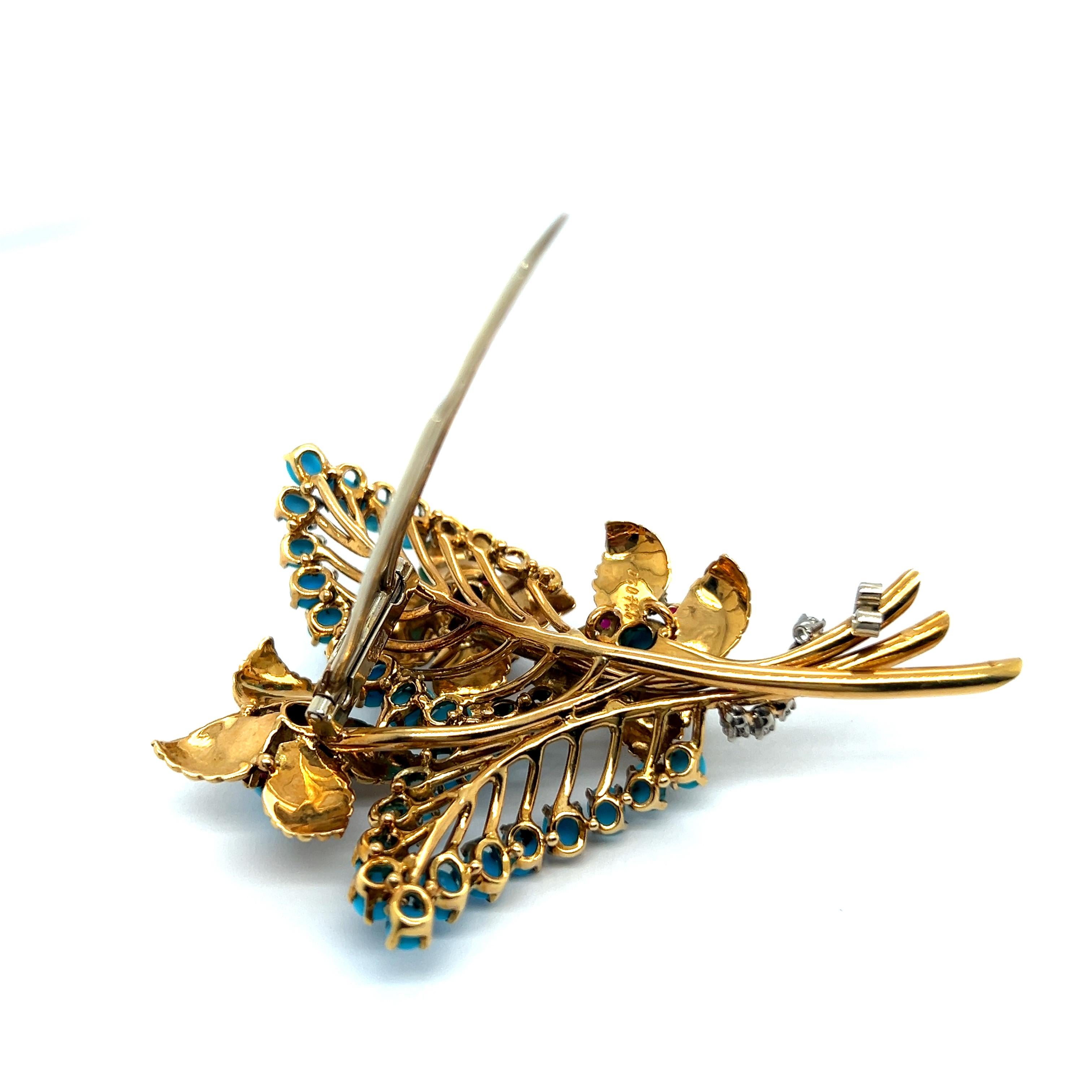 Brooch with Turquoise, Rubies & Diamonds in 18 Karat Yellow Gold by Gübelin For Sale 1