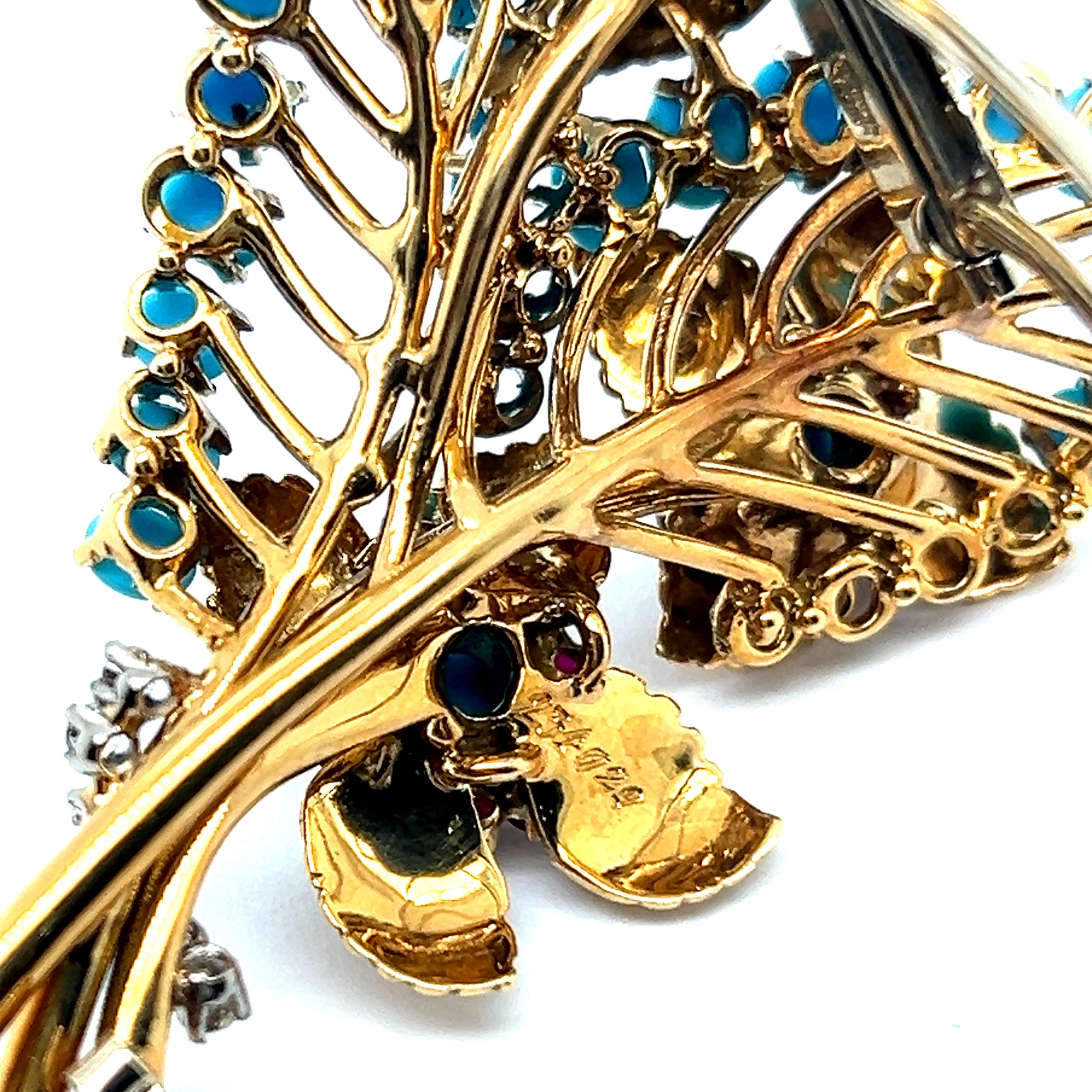 Brooch with Turquoise, Rubies & Diamonds in 18 Karat Yellow Gold by Gübelin For Sale 2