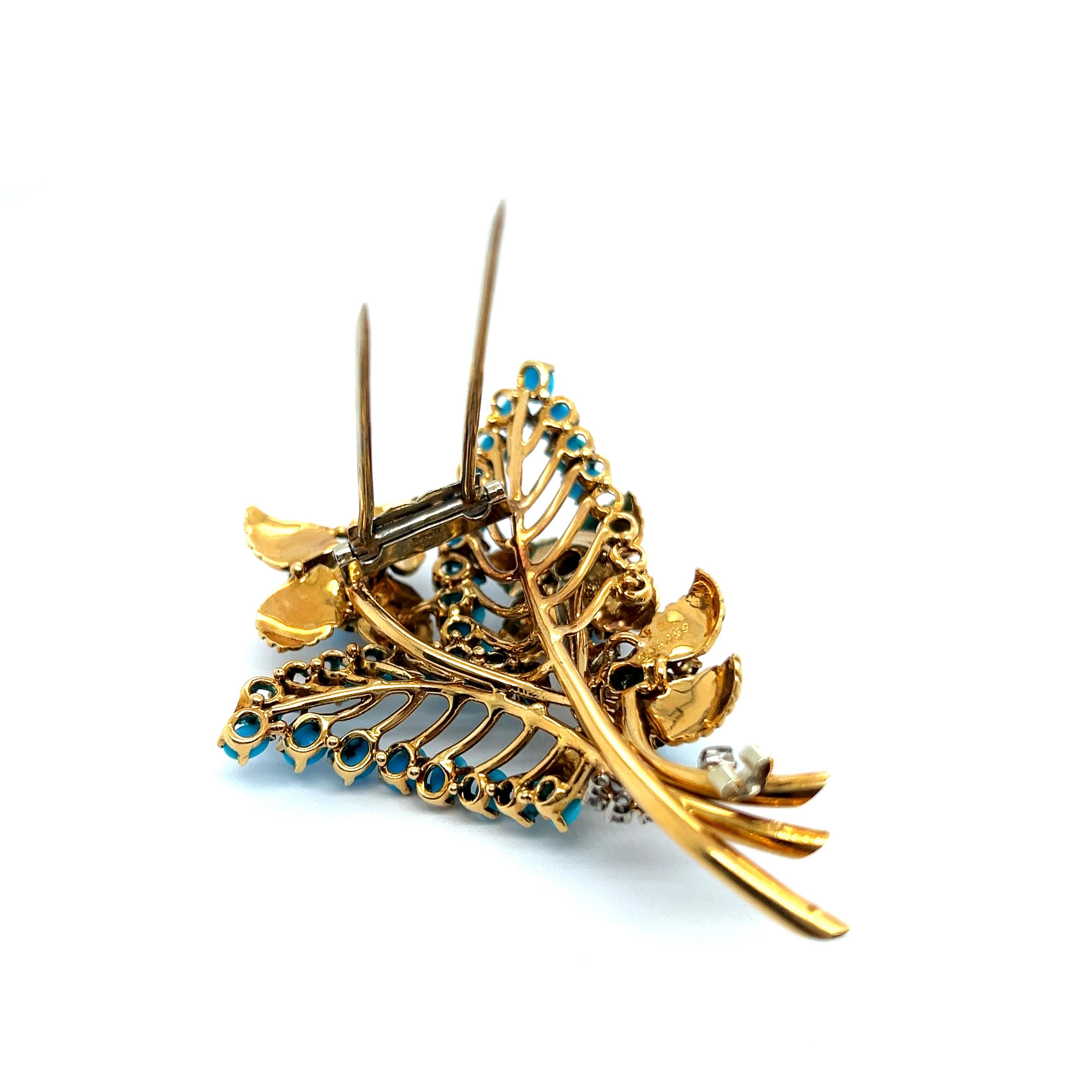 Brooch with Turquoise, Rubies & Diamonds in 18 Karat Yellow Gold by Gübelin For Sale 3