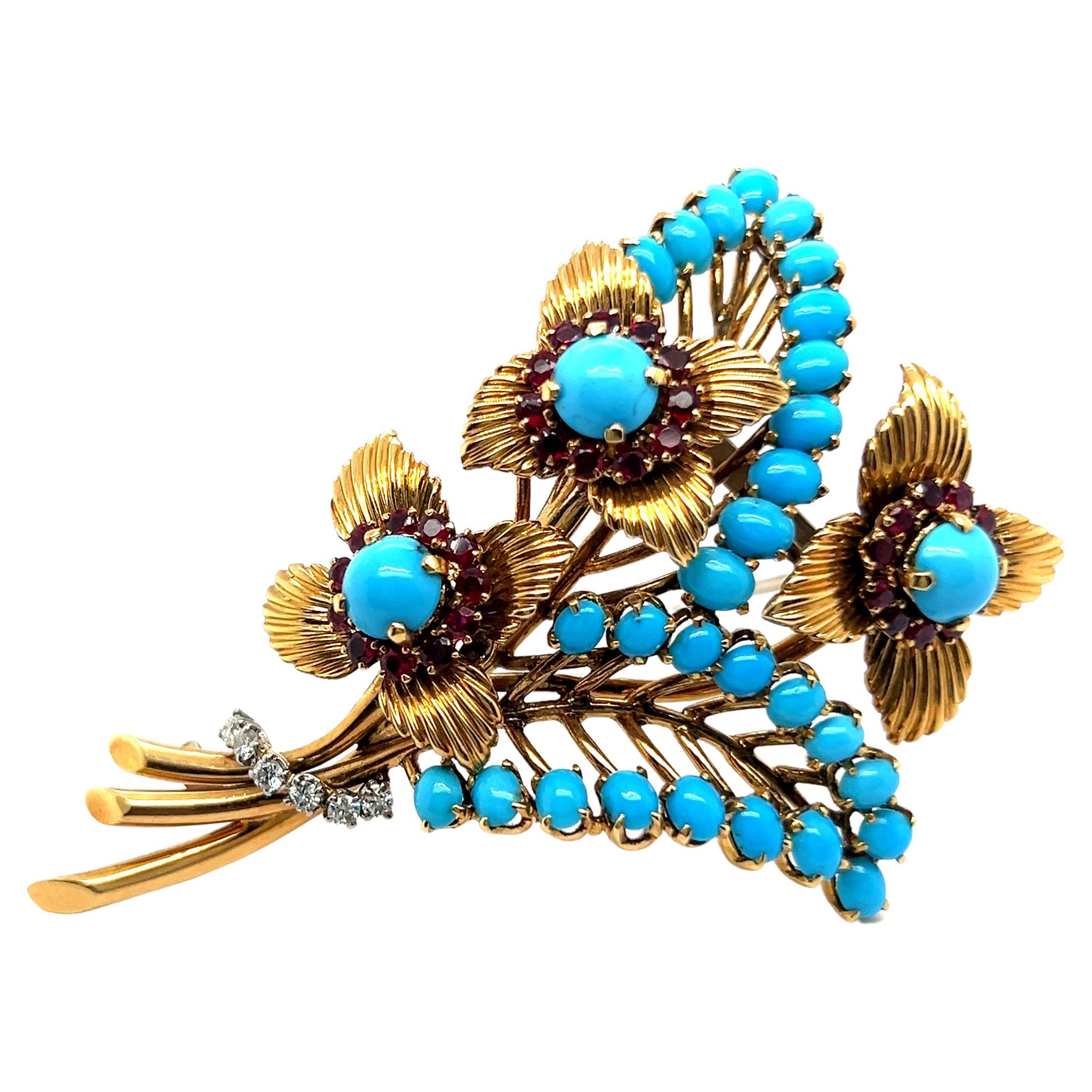 Brooch with Turquoise, Rubies & Diamonds in 18 Karat Yellow Gold by Gübelin For Sale