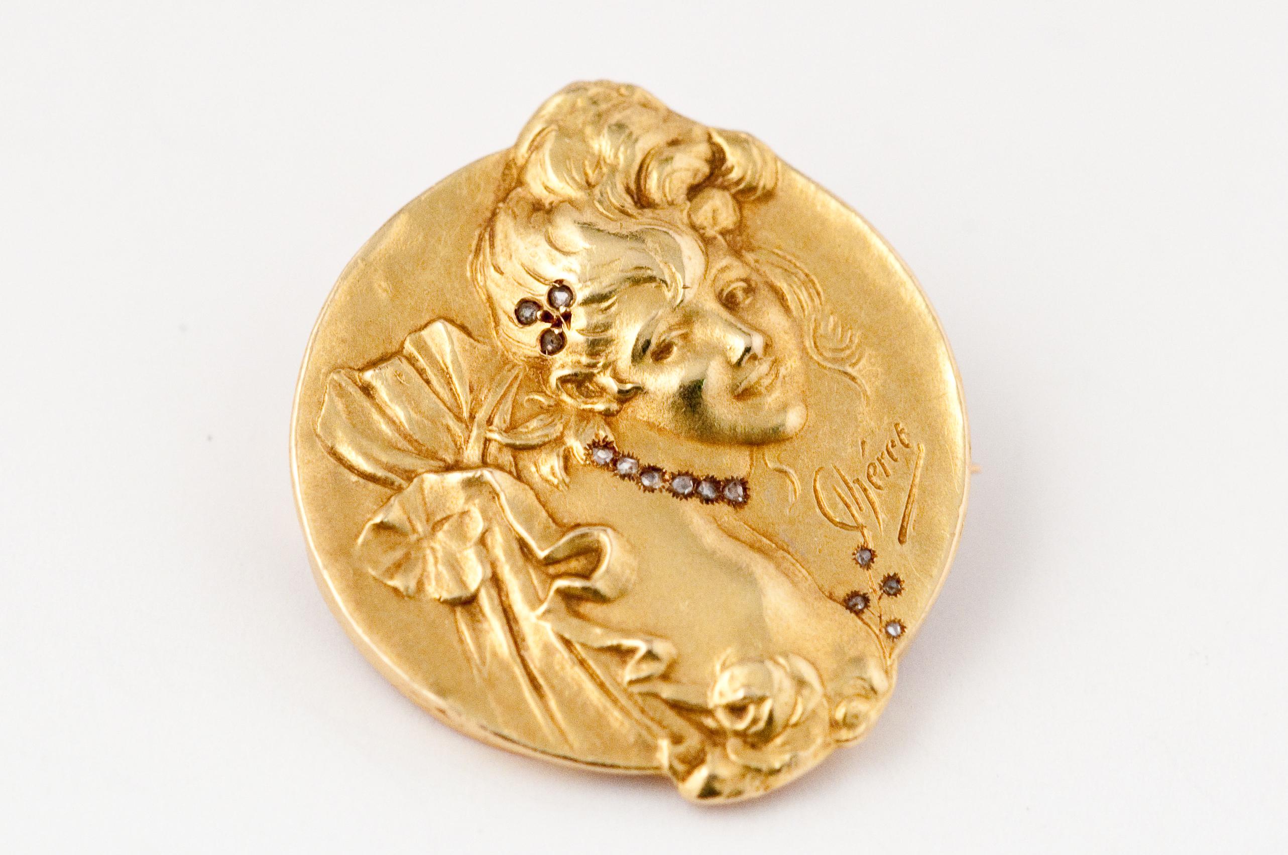 Brooche Art Nouveau Jules Cheret 18 Carat Gold and Rose Cut Diamond 8