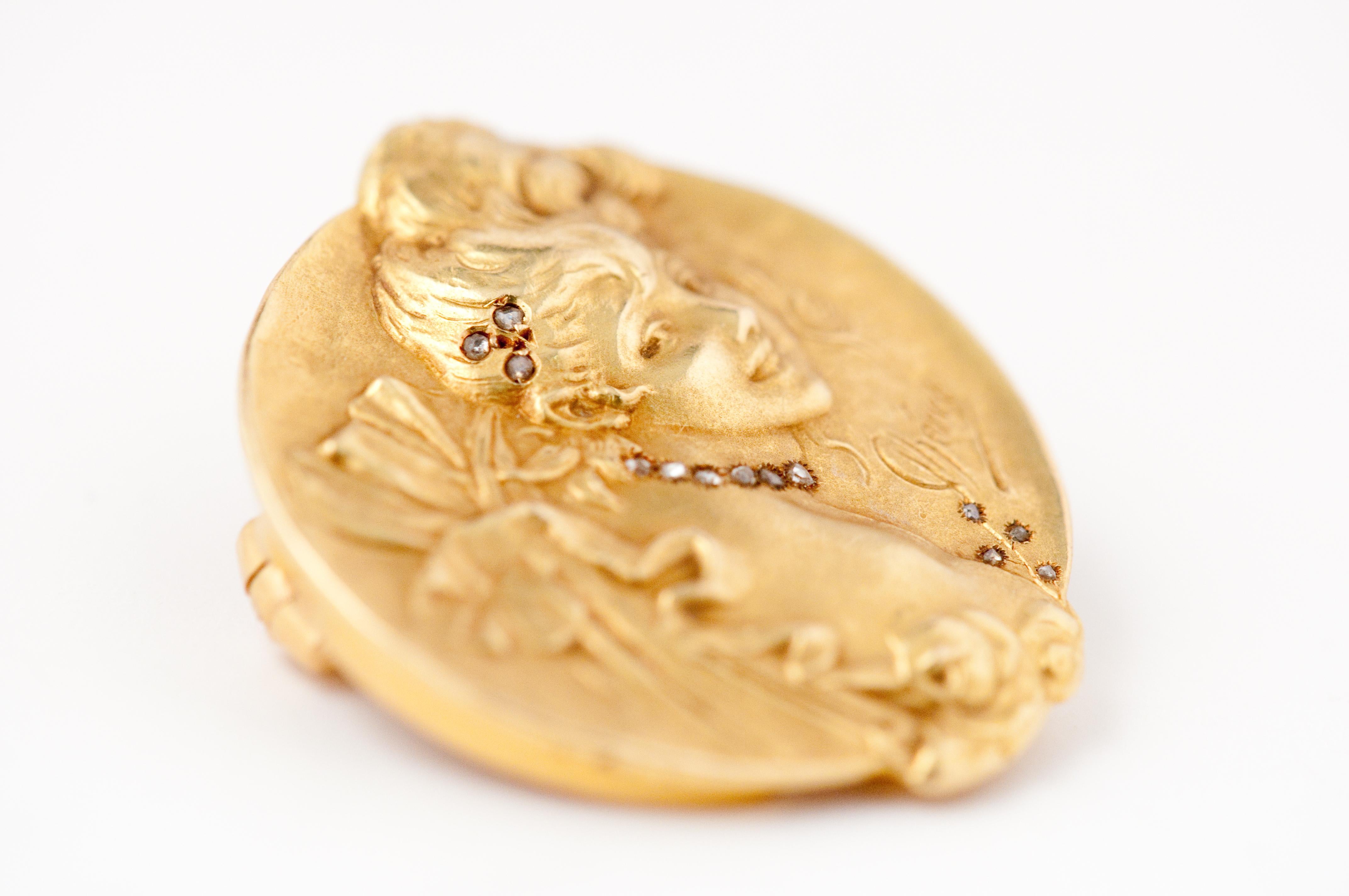 Brooche  Art Nouveau Jules Cheret 18 Carat Gold and Rose Cut Diamond .
