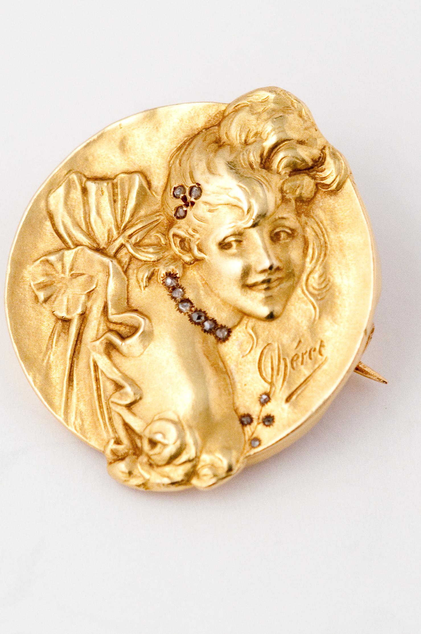 Women's Brooche Art Nouveau Jules Cheret 18 Carat Gold and Rose Cut Diamond