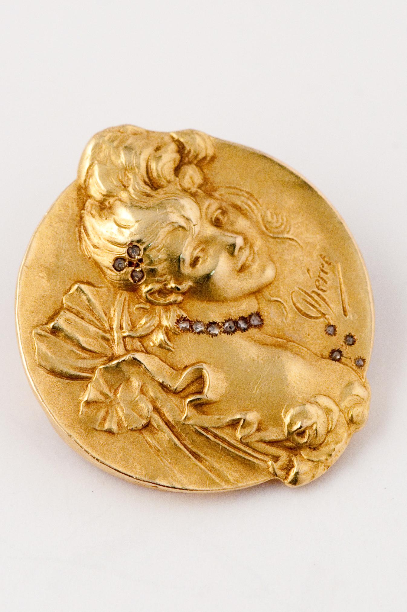 Brooche Art Nouveau Jules Cheret 18 Carat Gold and Rose Cut Diamond 1