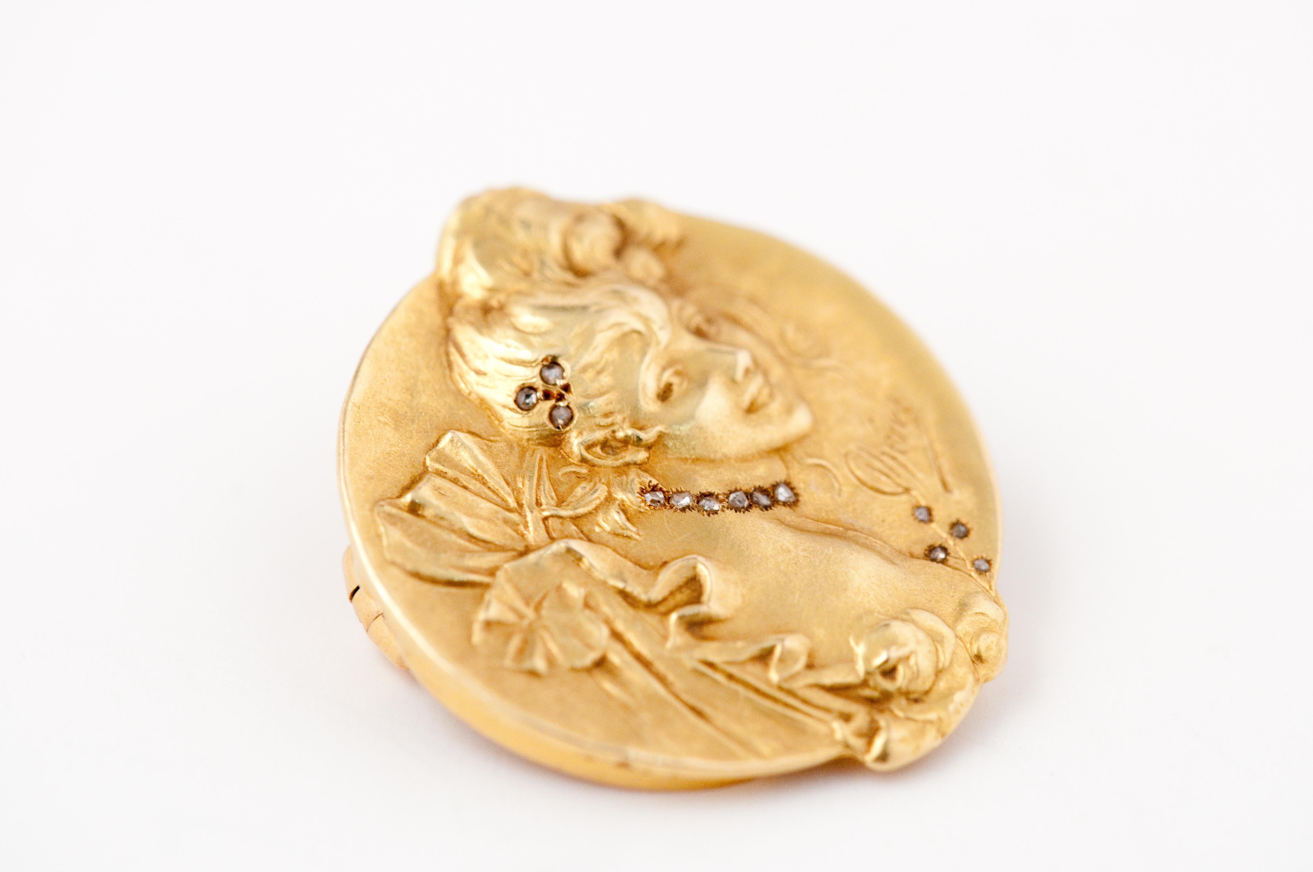 Brooche Art Nouveau Jules Cheret 18 Carat Gold and Rose Cut Diamond 2