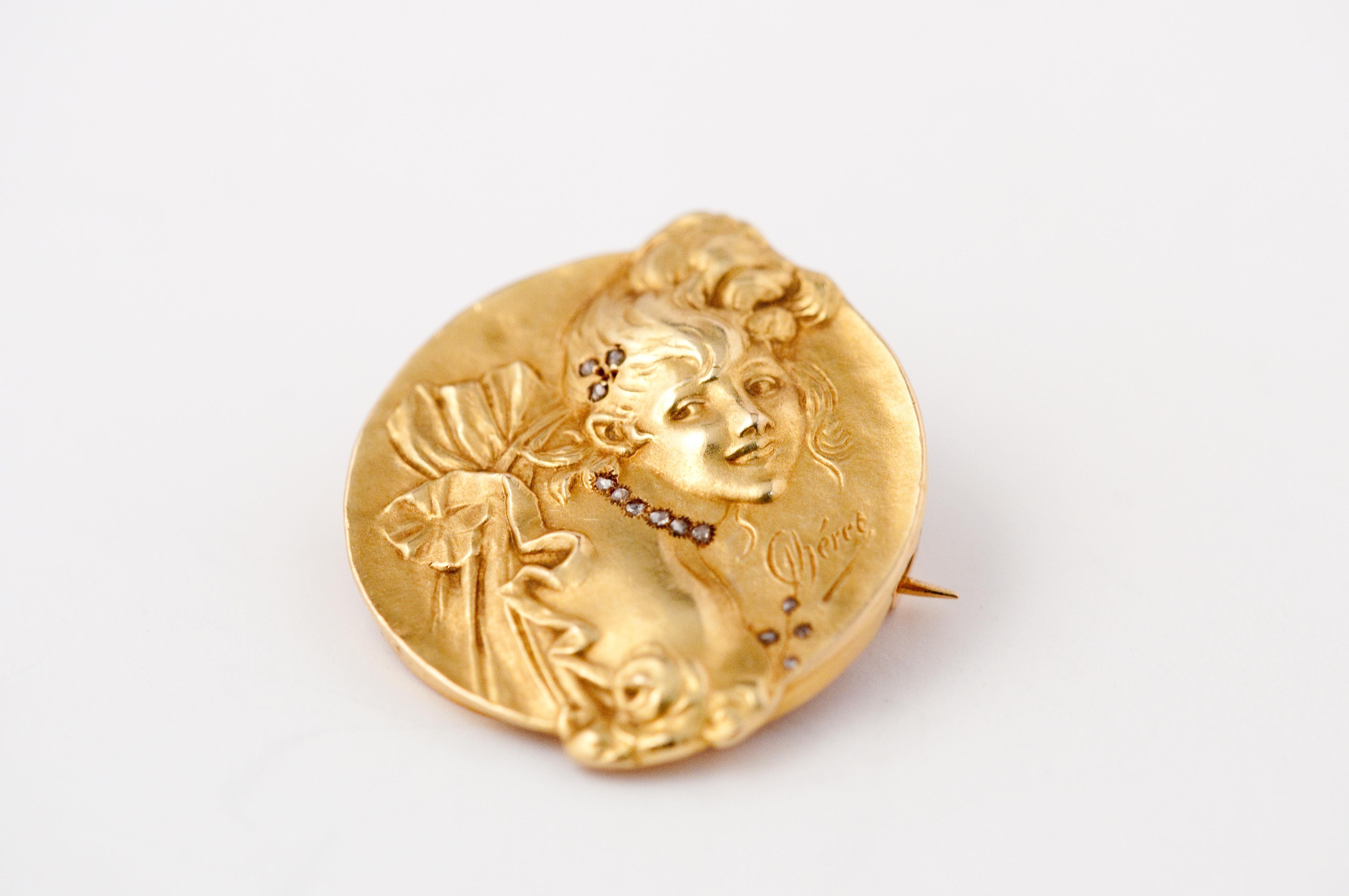 Brooche Art Nouveau Jules Cheret 18 Carat Gold and Rose Cut Diamond 3