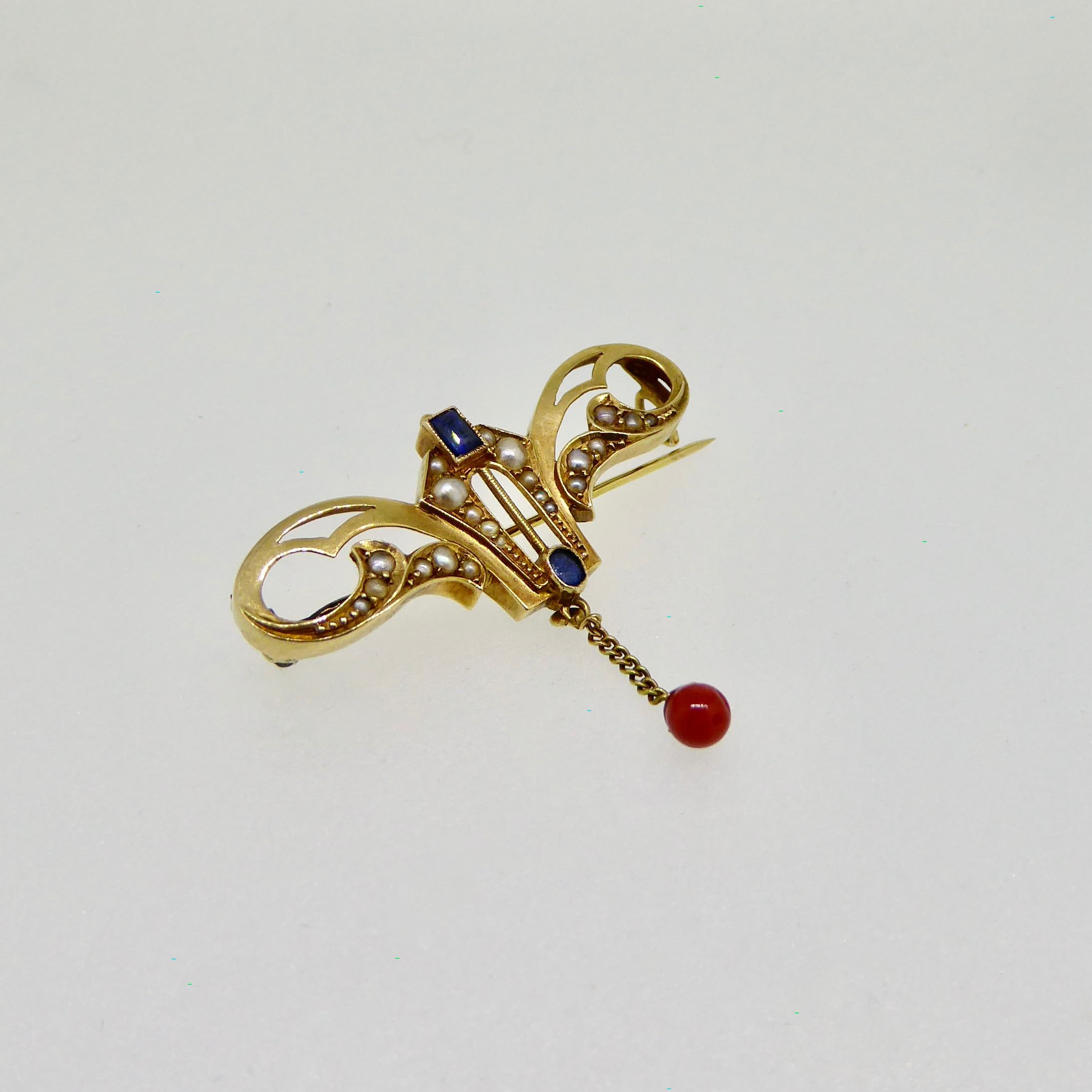 Oval Cut Brooche, Art Nouveau, Yellow Gold, Pearl, Sapphire, Red Coral, 1910