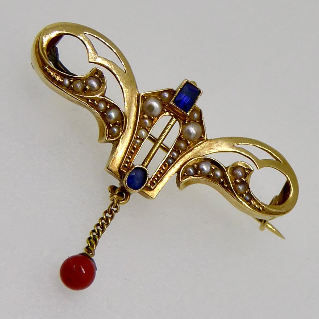 Women's Brooche, Art Nouveau, Yellow Gold, Pearl, Sapphire, Red Coral, 1910