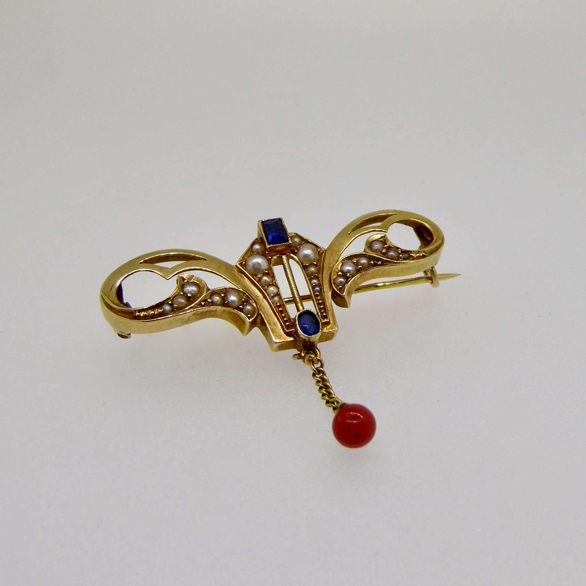 Brooche, Art Nouveau, Yellow Gold, Pearl, Sapphire, Red Coral, 1910 1