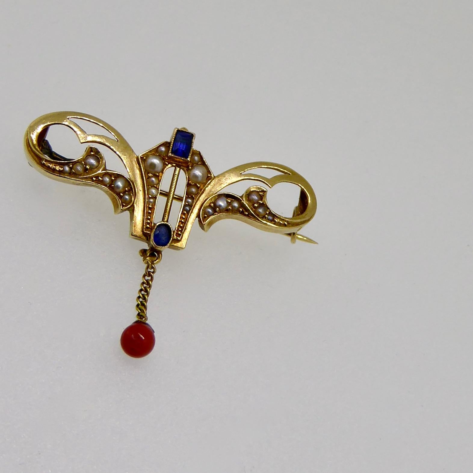 Brooche, Art Nouveau, Yellow Gold, Pearl, Sapphire, Red Coral, 1910 2