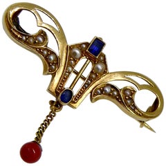 Antique Brooche, Art Nouveau, Yellow Gold, Pearl, Sapphire, Red Coral, 1910