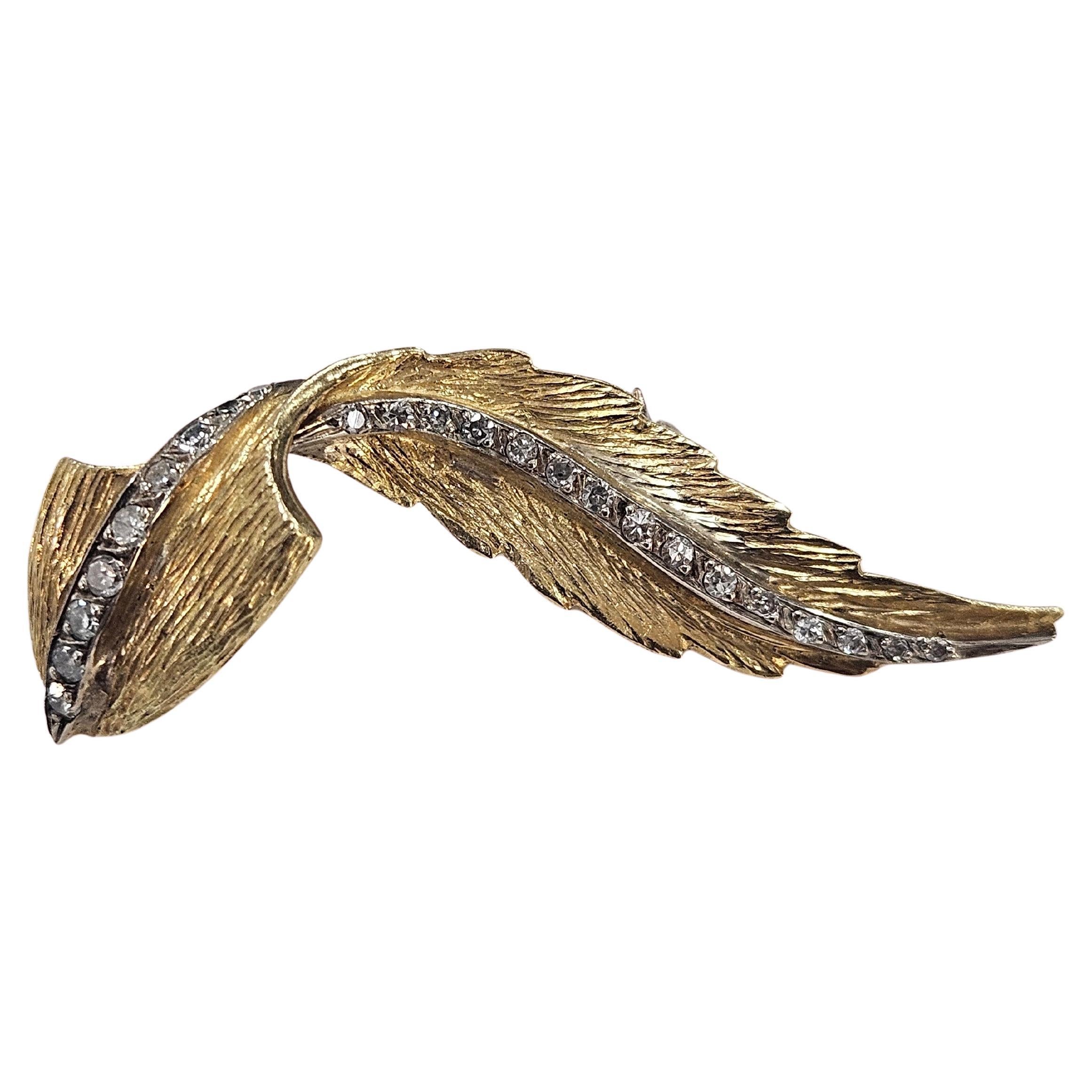 Brooche  Plume Masriera 1950's  Diamant Or jaune et blanc 18 carats