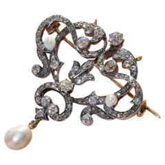 Colgante Broche 700 Oro Amarillo Plata Finales S. XIX 2,48 ct Perlas talla antigua Diamante