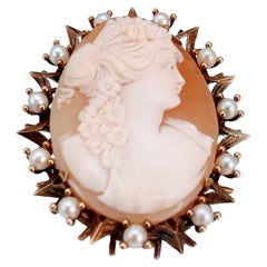 Vintage Brooche Pendant Camafeo and Pearl Gold 18 Karat
